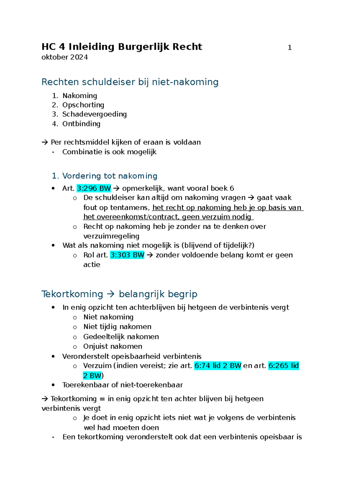 HC 4 Inleiding Burgerlijk Recht: Rechten van de Schuldeiser bij Niet ...