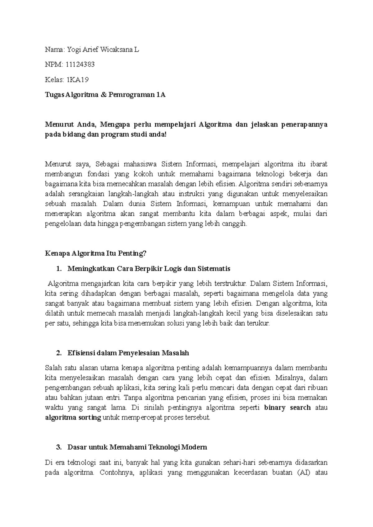 Algoritma dan Penerapannya dalam Sistem Informasi: Tugas 1 1KA - Studocu