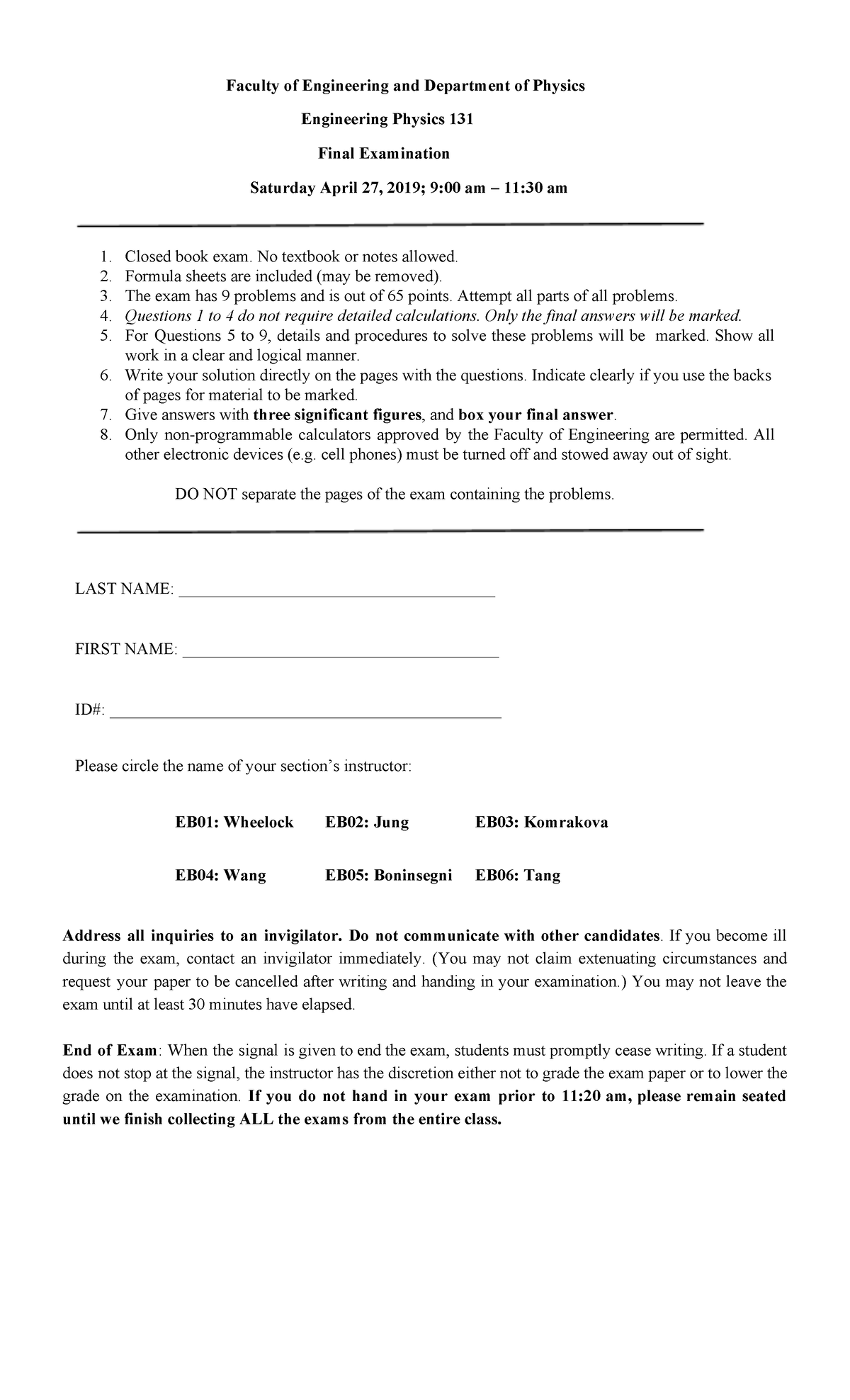 EN PH 131 Final Exam W2019: Key Questions and Guidelines - Studocu
