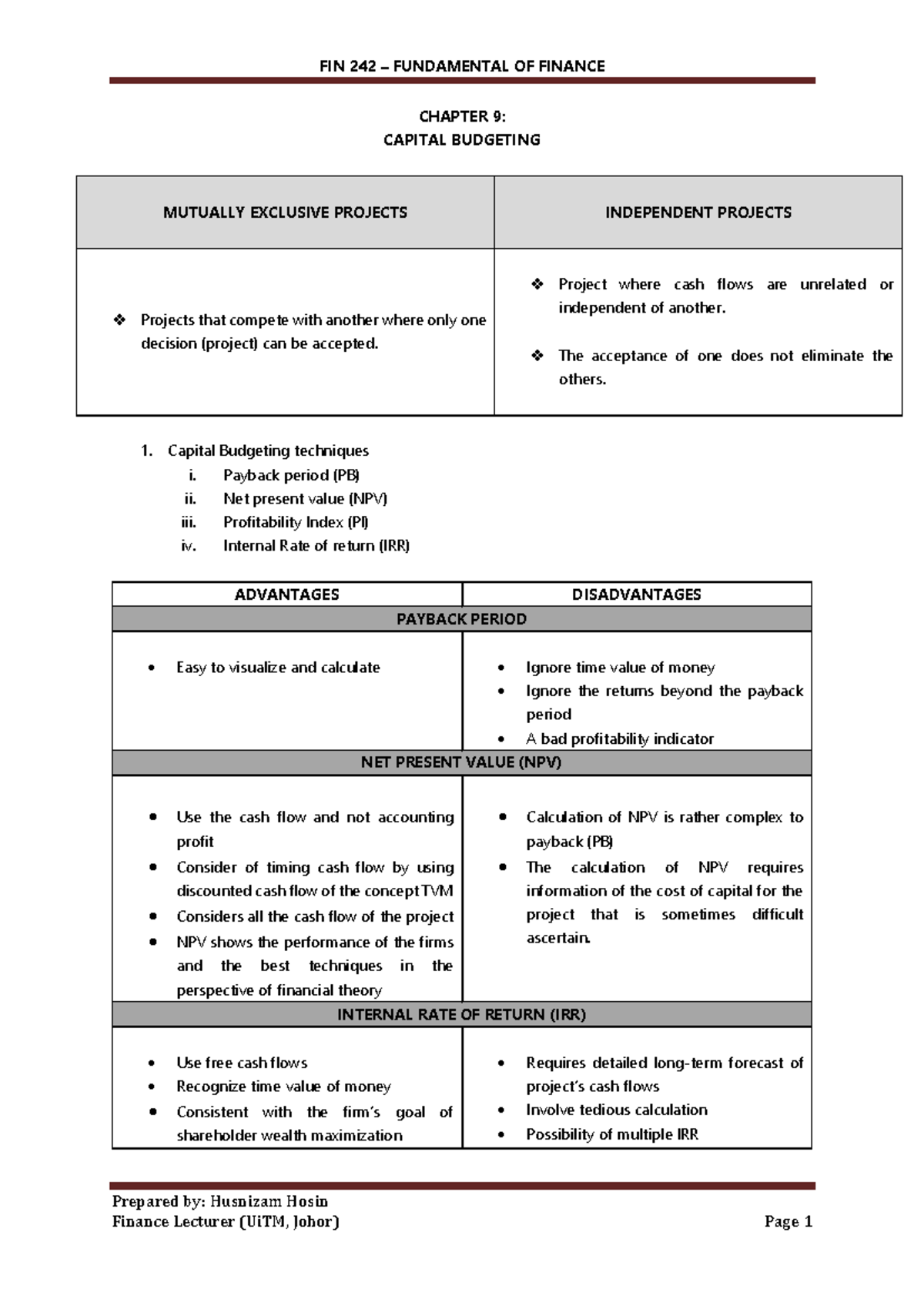 Capital Budgeting Techniques Overview - Final Exam Notes - Studocu