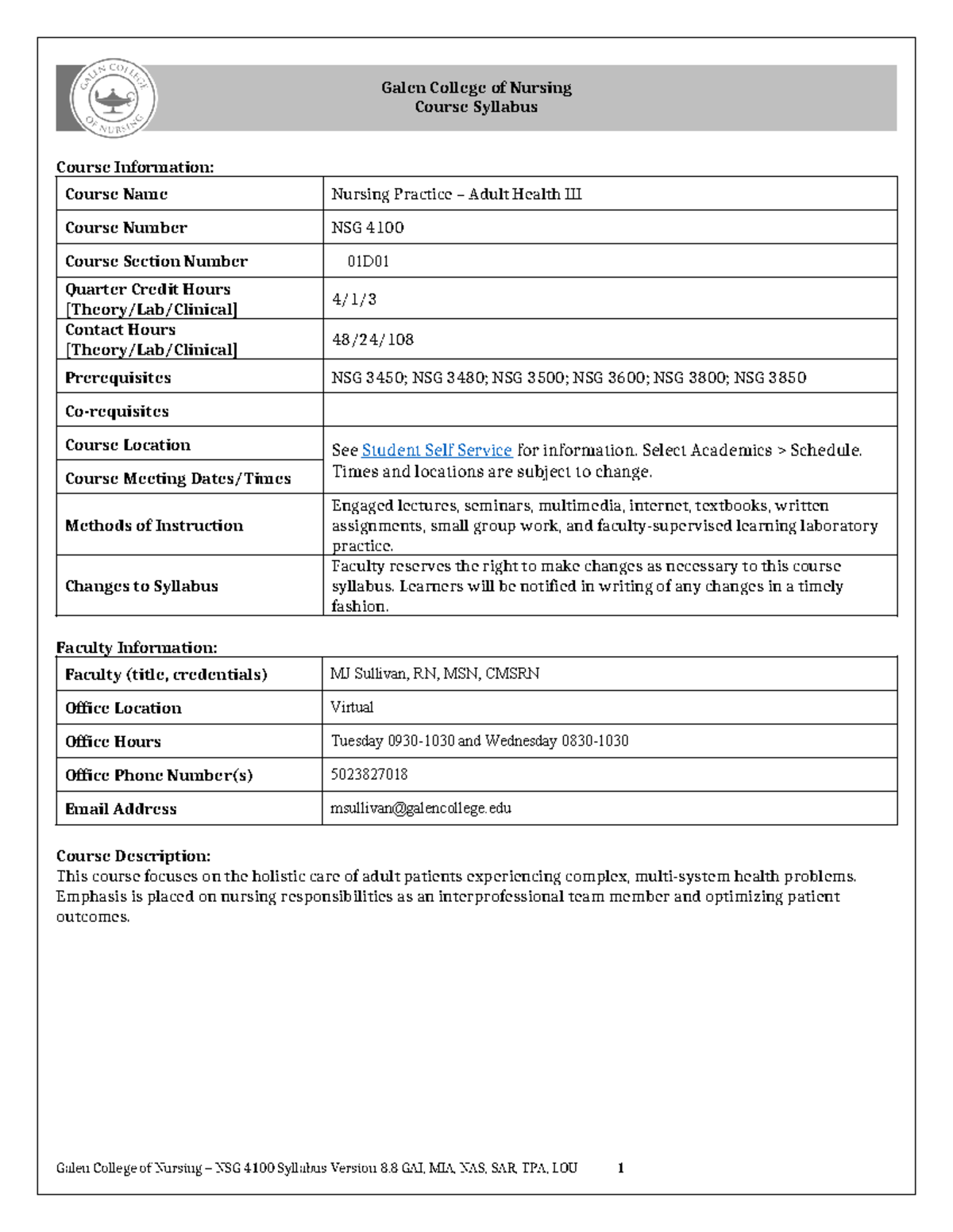 NSG 4100 Syllabus: Nursing Practice in Adult Health - Winter 2025 - Studocu
