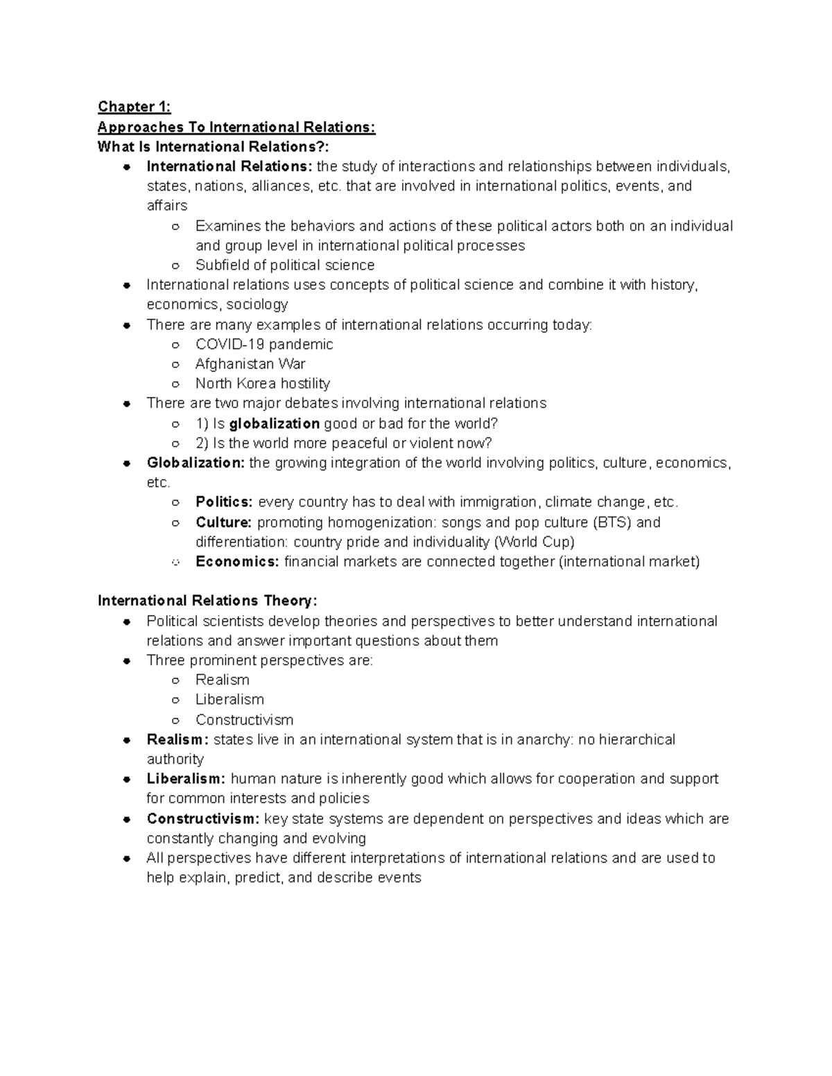 INTL 101: Intro to International Relations Chapter 1 Notes Part I - Studocu