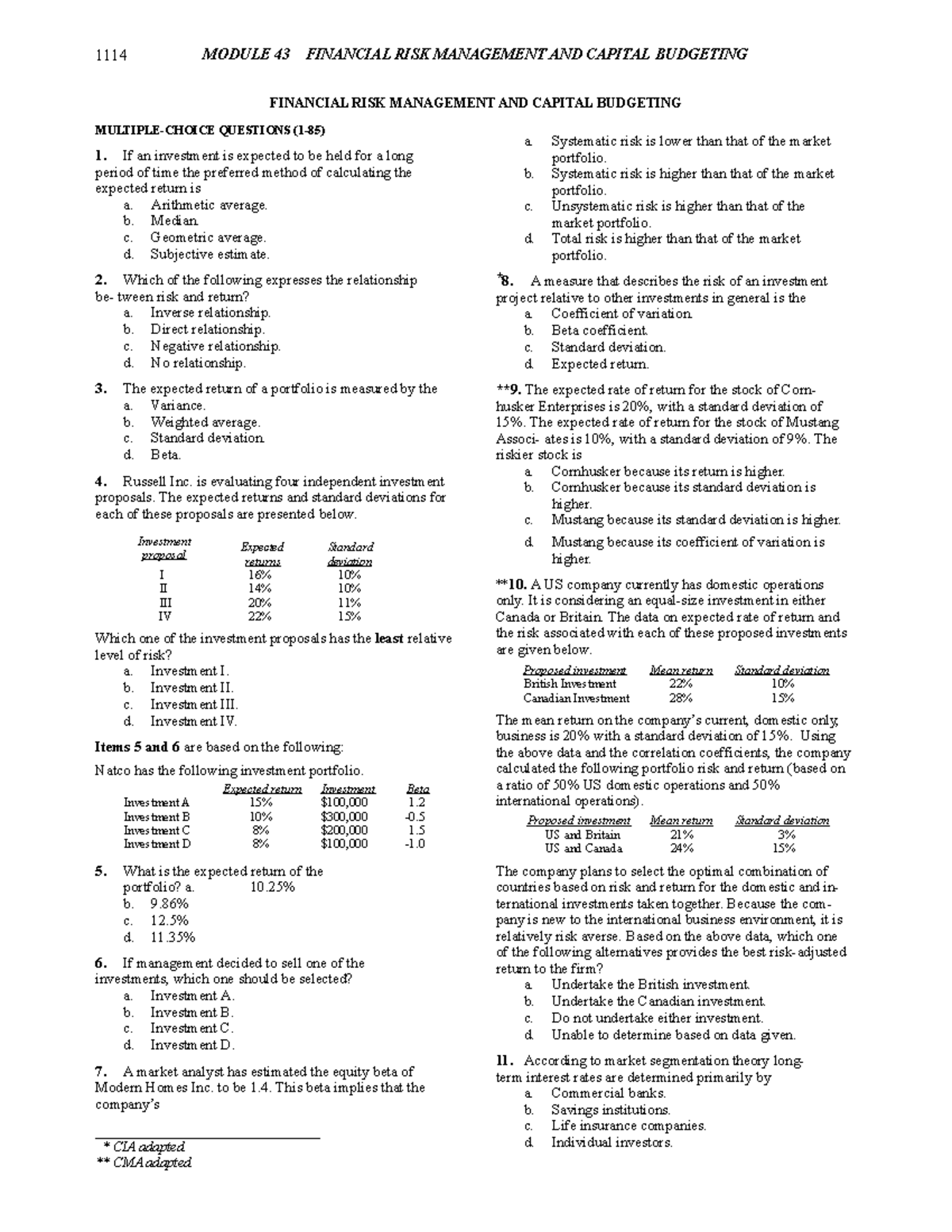 Financial Risk Management & Capital Budgeting Exam Q&A (1114) - Studocu