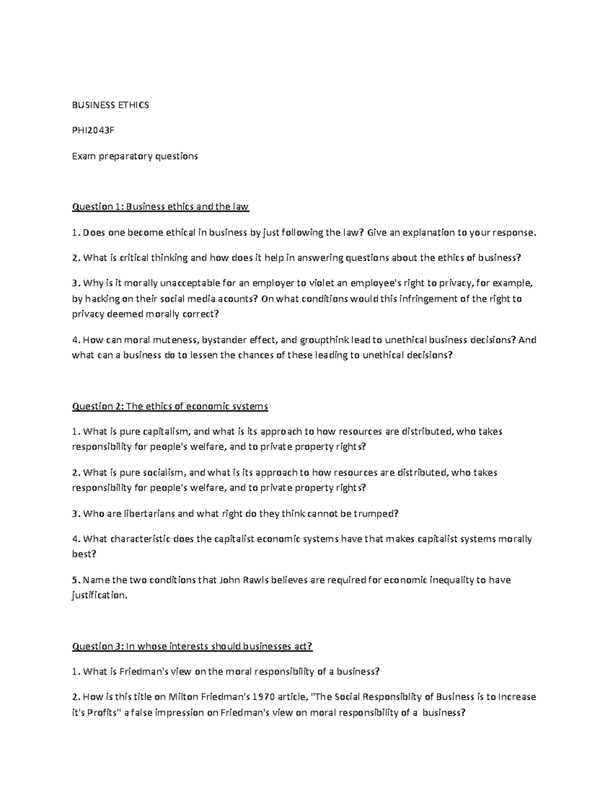 Business Ethics PHI2043F: Exam Prep Questions and Key Concepts - Studocu