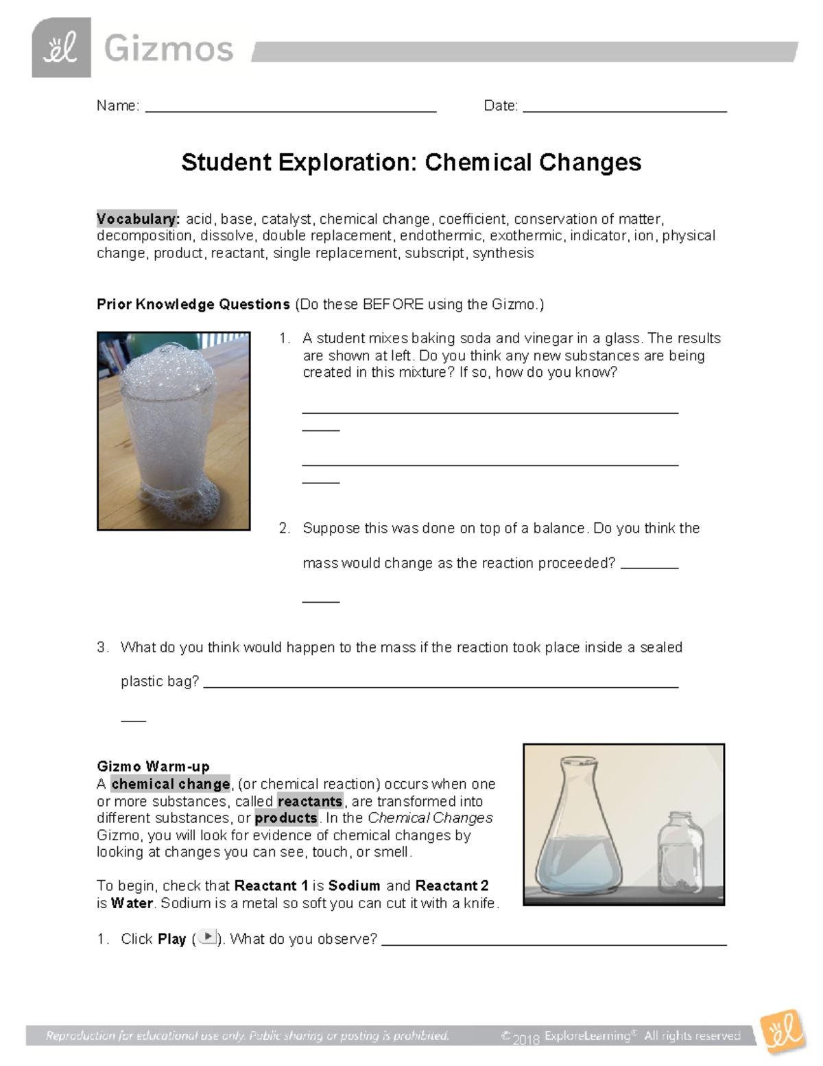 Chemical Changes Student Exploration (SE) - Chemistry - Studocu