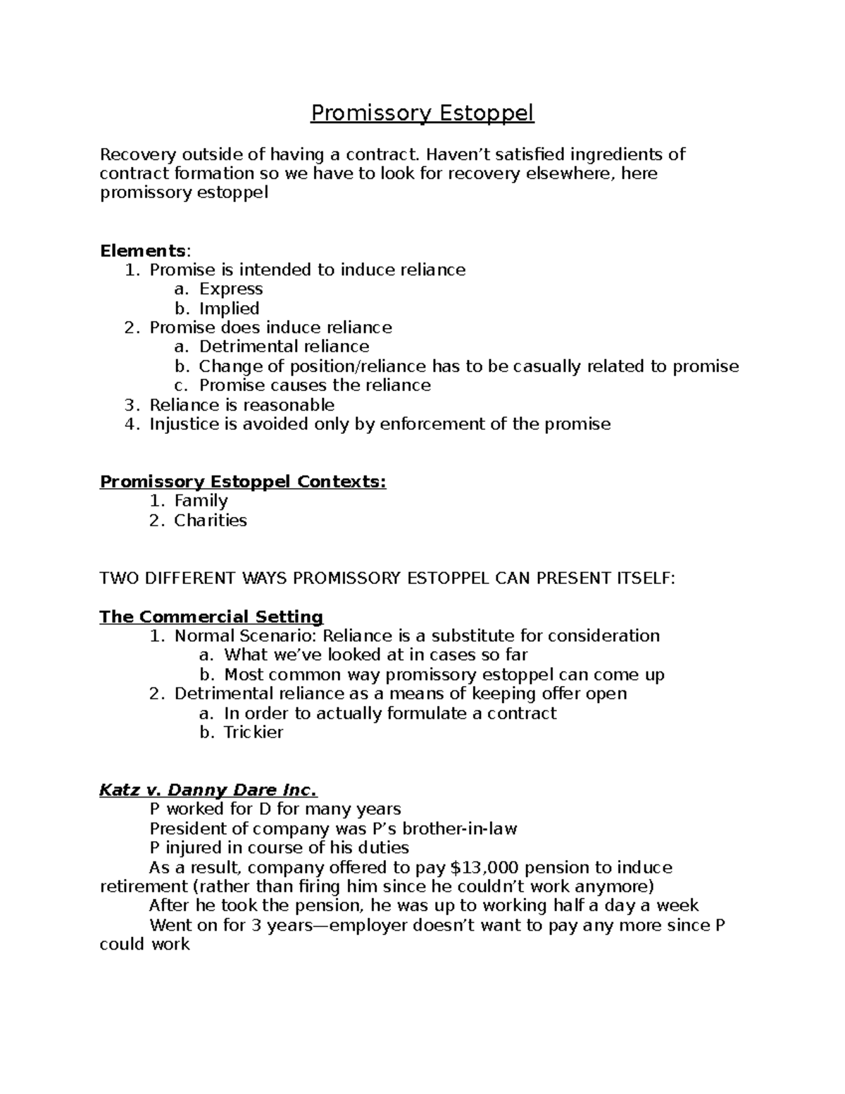 Promissory Estoppel- Contracts Law 1L Year Notes - Promissory Estoppel ...