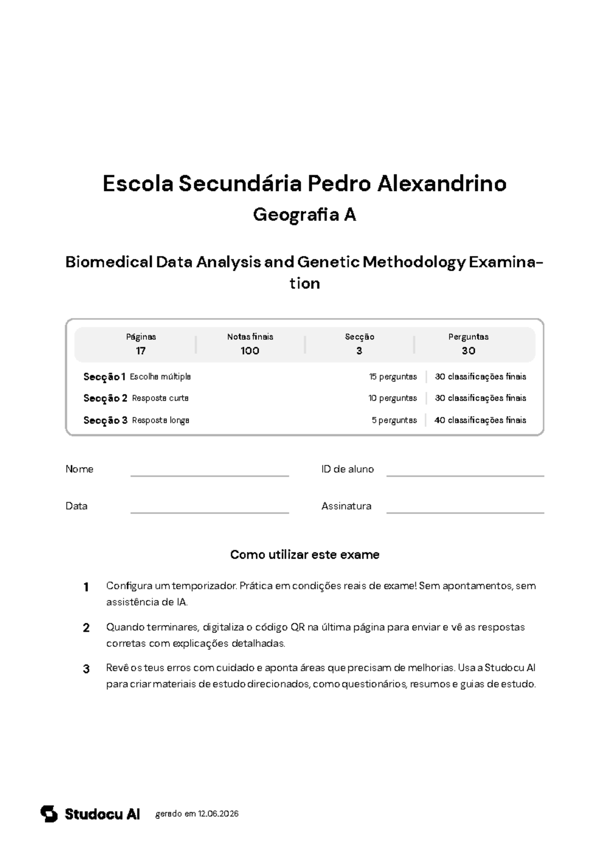 Biomedical Data Analysis & Genetic Methodology Exam - Studocu