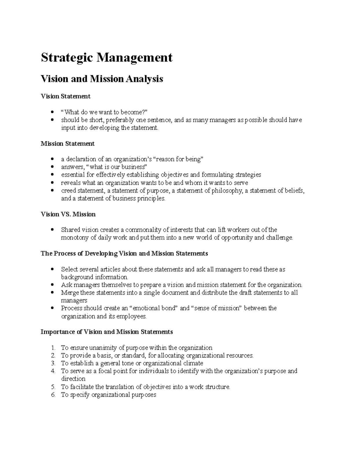 Strategic Management: Vision and Mission Analysis (SM 101 Notes) - Studocu