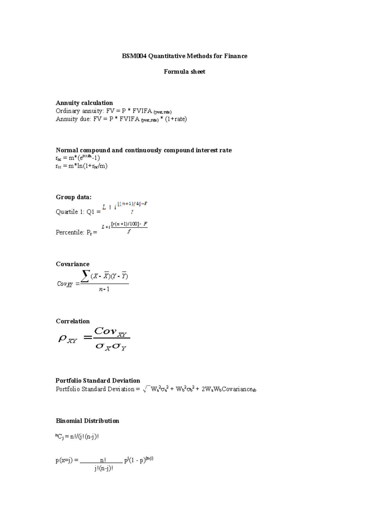BSM004 Quantitative Methods for Finance: 2022 Formula Sheet - Studocu