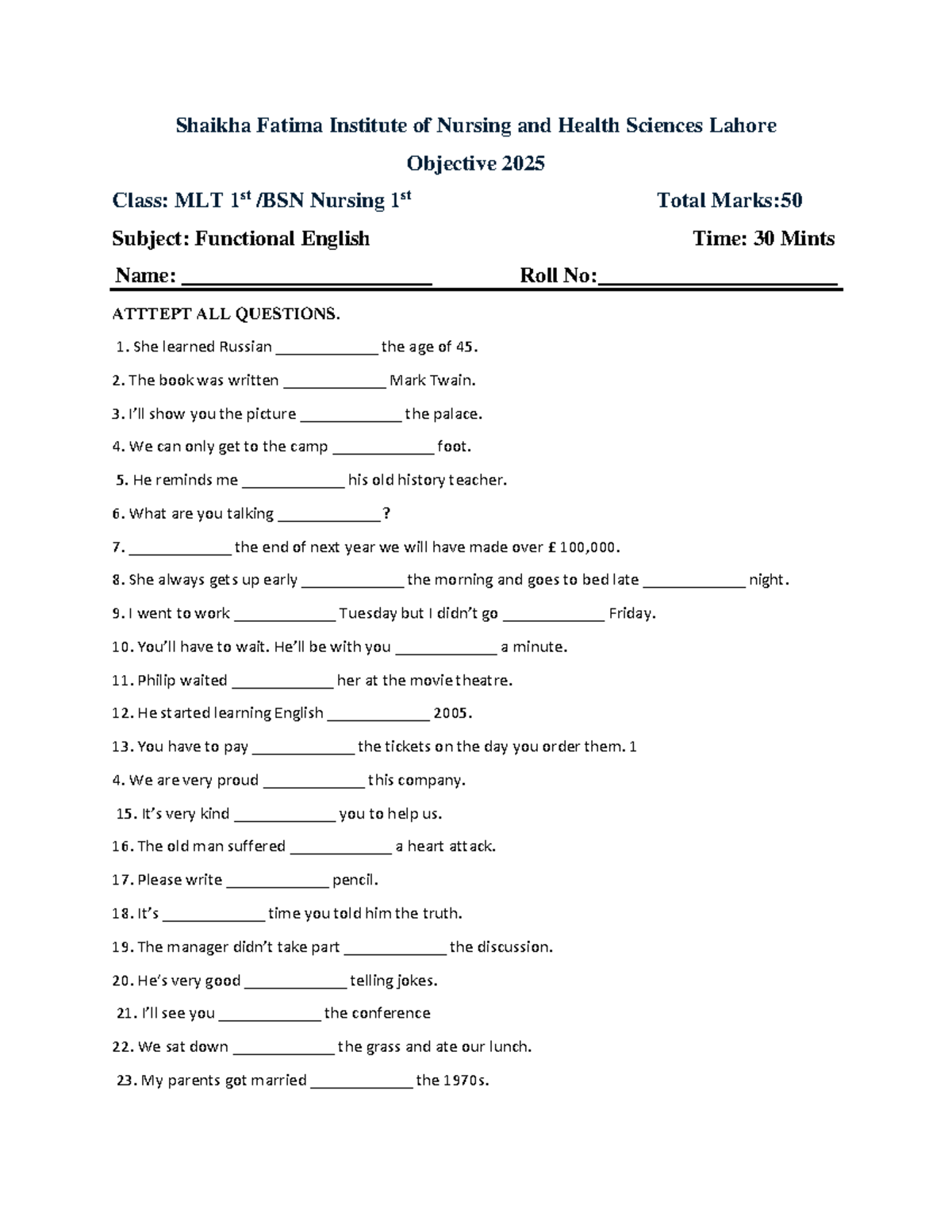 Functional English Paper: Prepositions - MLT 1st Year Exam - Studocu