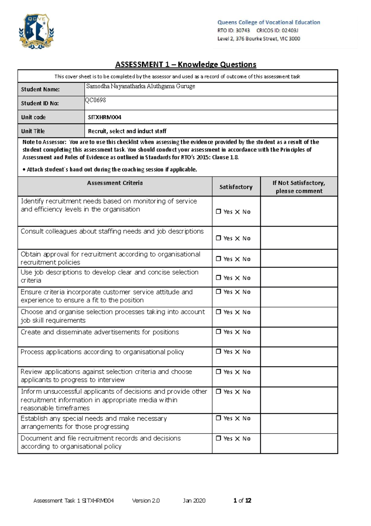 Assessment Task 1: Knowledge Questions for SITXHRM004 - Studocu