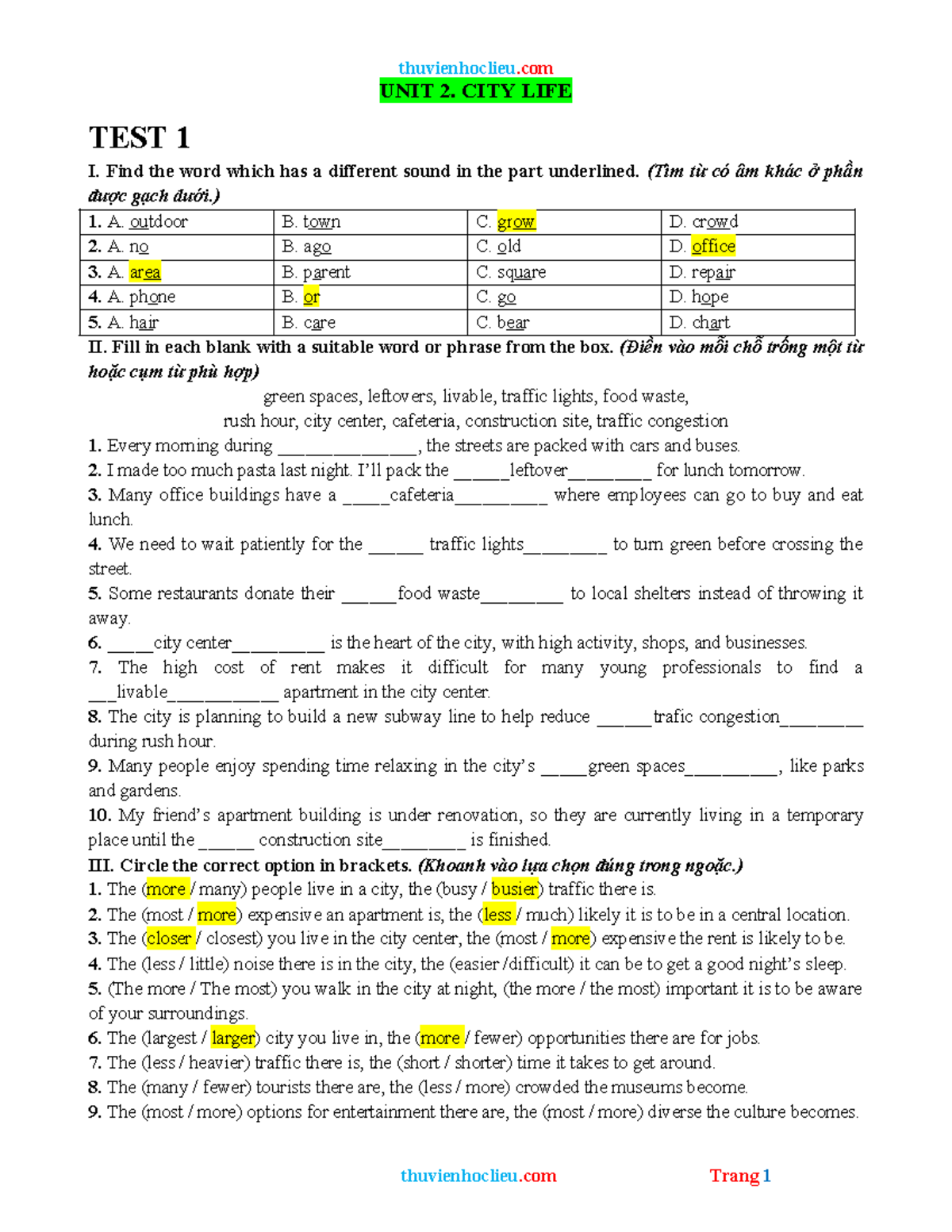 UNIT 2: CITY LIFE TEST 1 & 2 - Vocabulary and Dialogue Exercises - Studocu