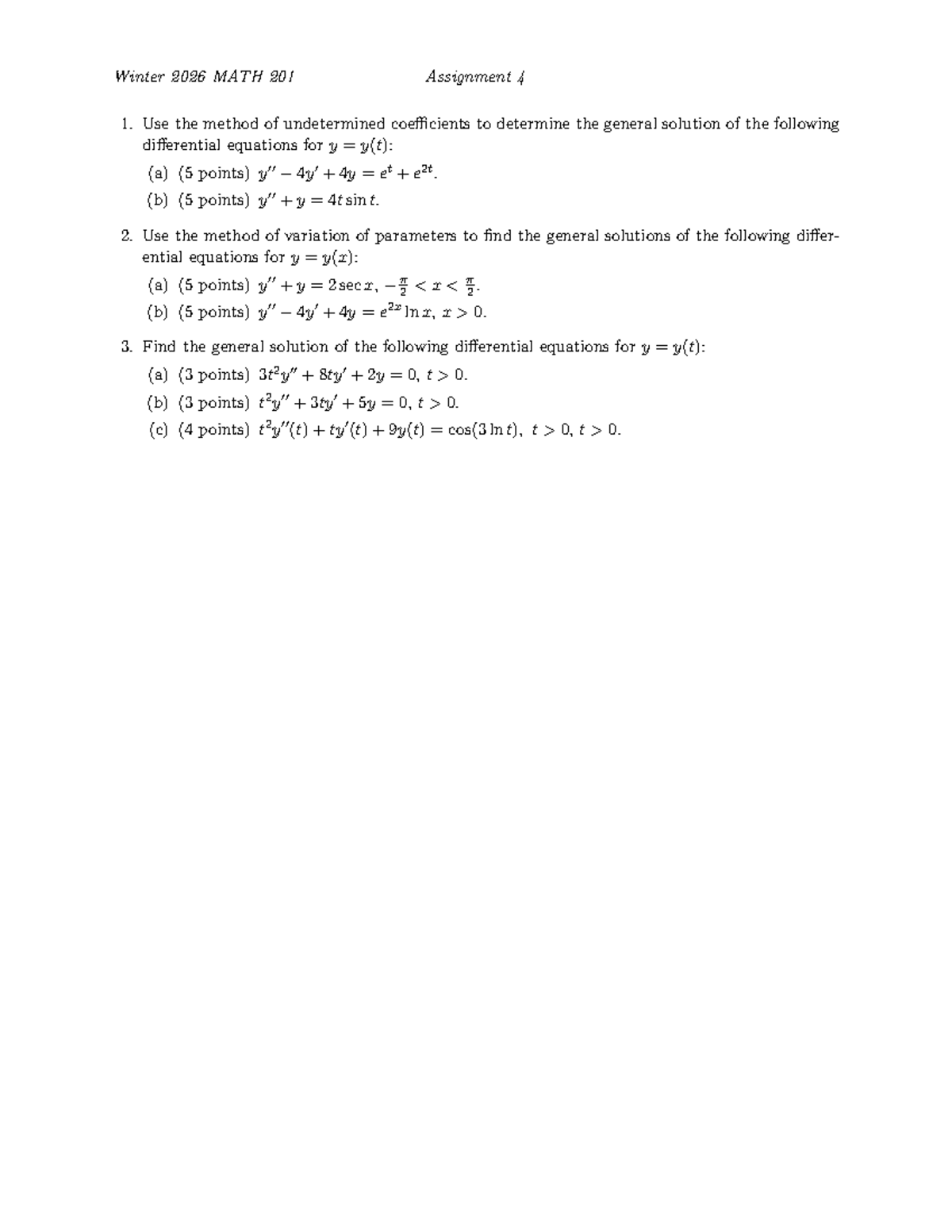Winter 2026 MATH 201 Assignment 4: Differential Equations Solutions ...