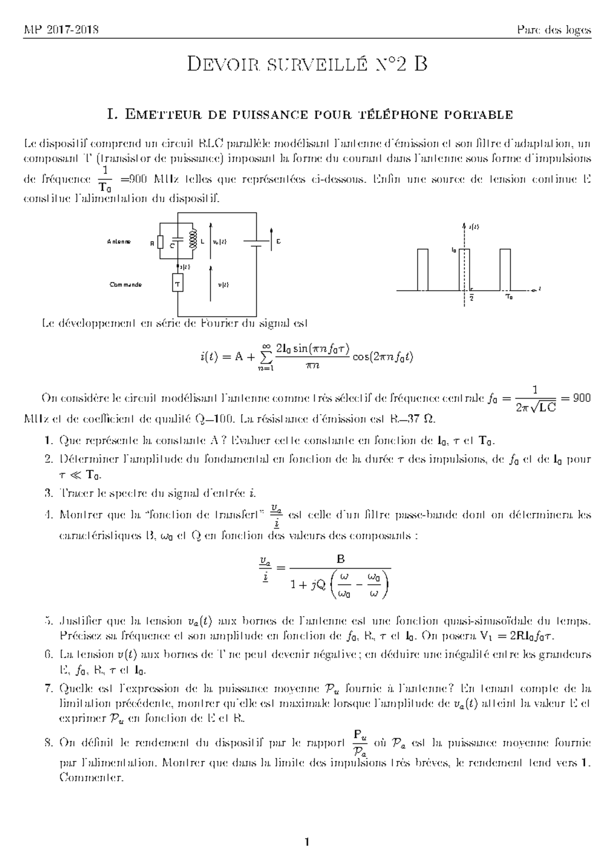 Devoir surveillé de Physique MP 2017-2018 : Émetteur et Spectre de ...