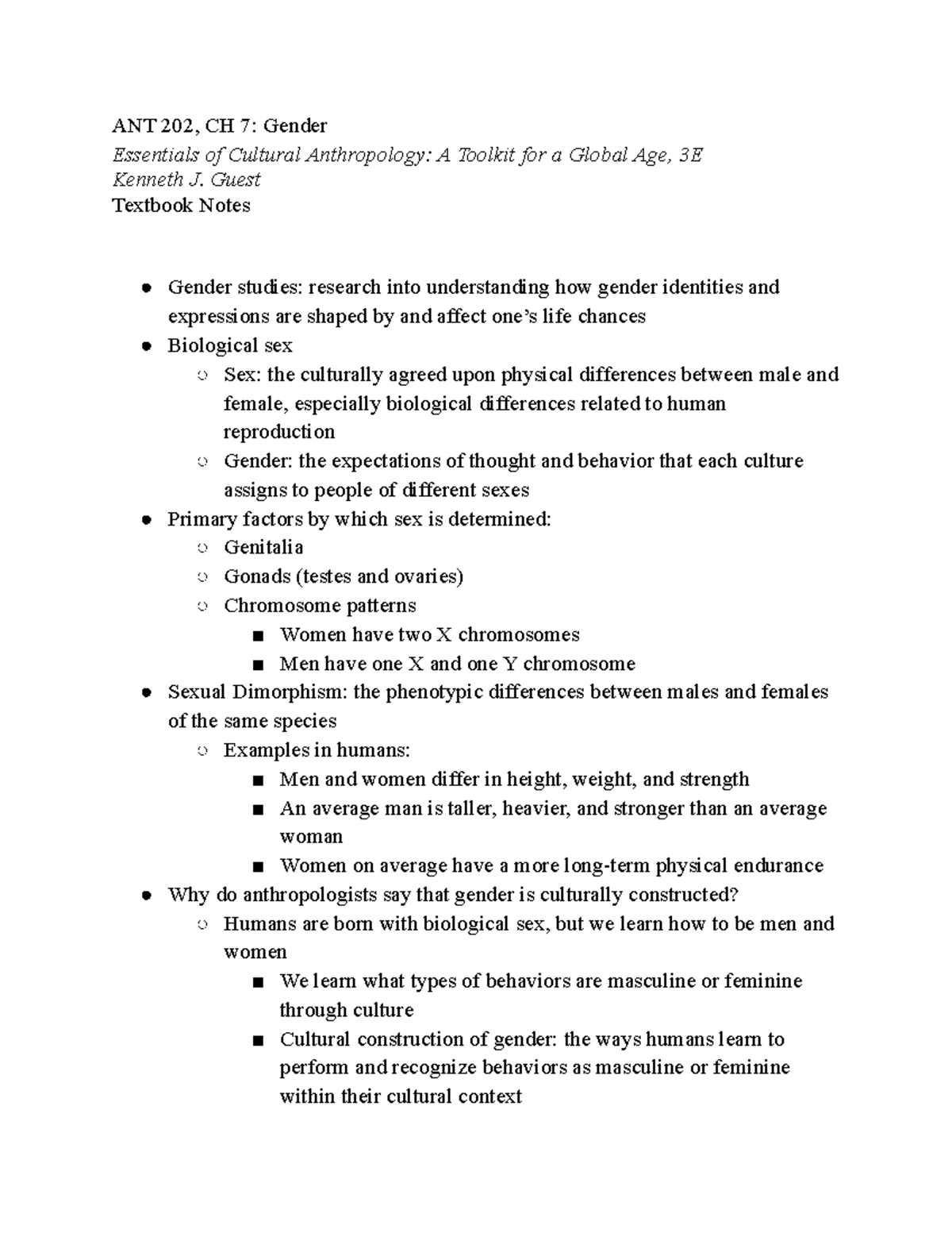 ANT 202, CH 7 Gender - Comprehensive Outline and Key Insights - Studocu