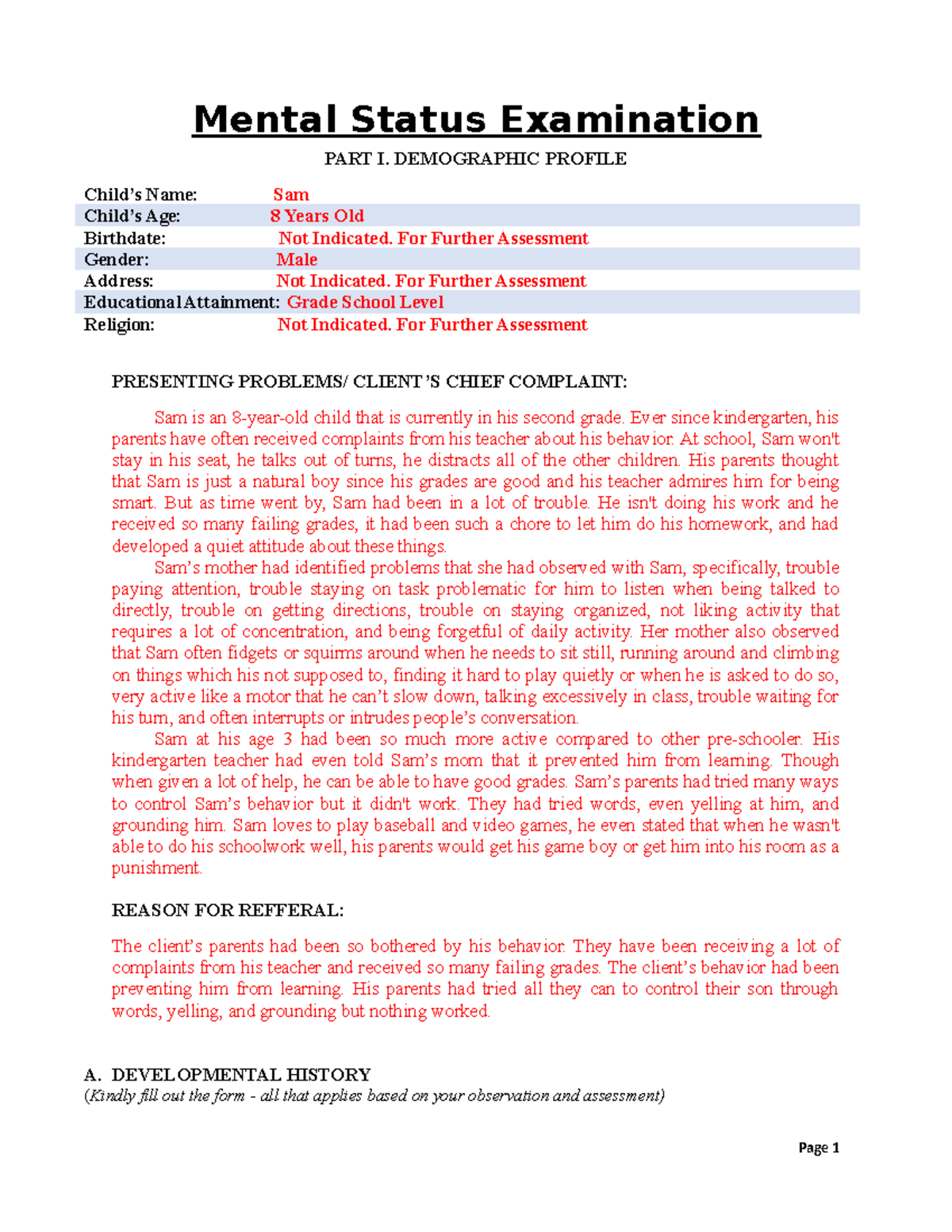 CASE-2 MSE: MENTAL STATUS EXAMINATION OF AN 8-YEAR-OLD CHILD - Studocu