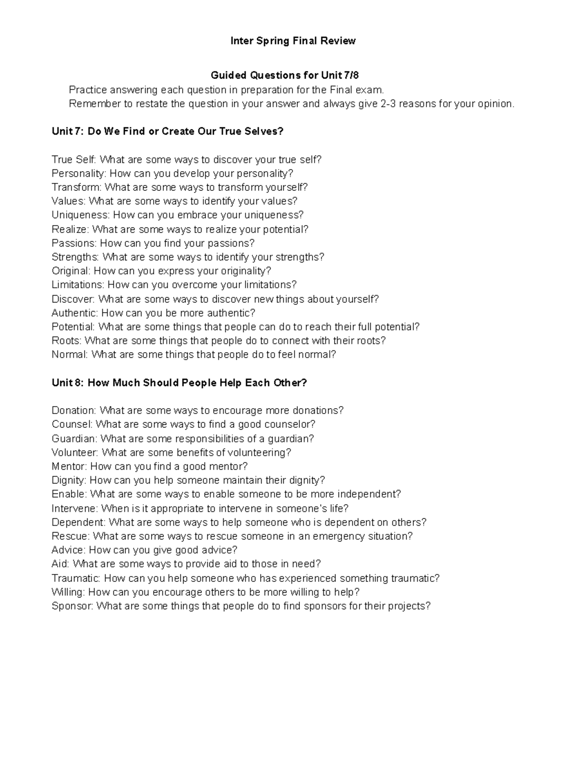 Inter Spring Final Exam Review: Guided Questions for Units 7 & 8 - Studocu