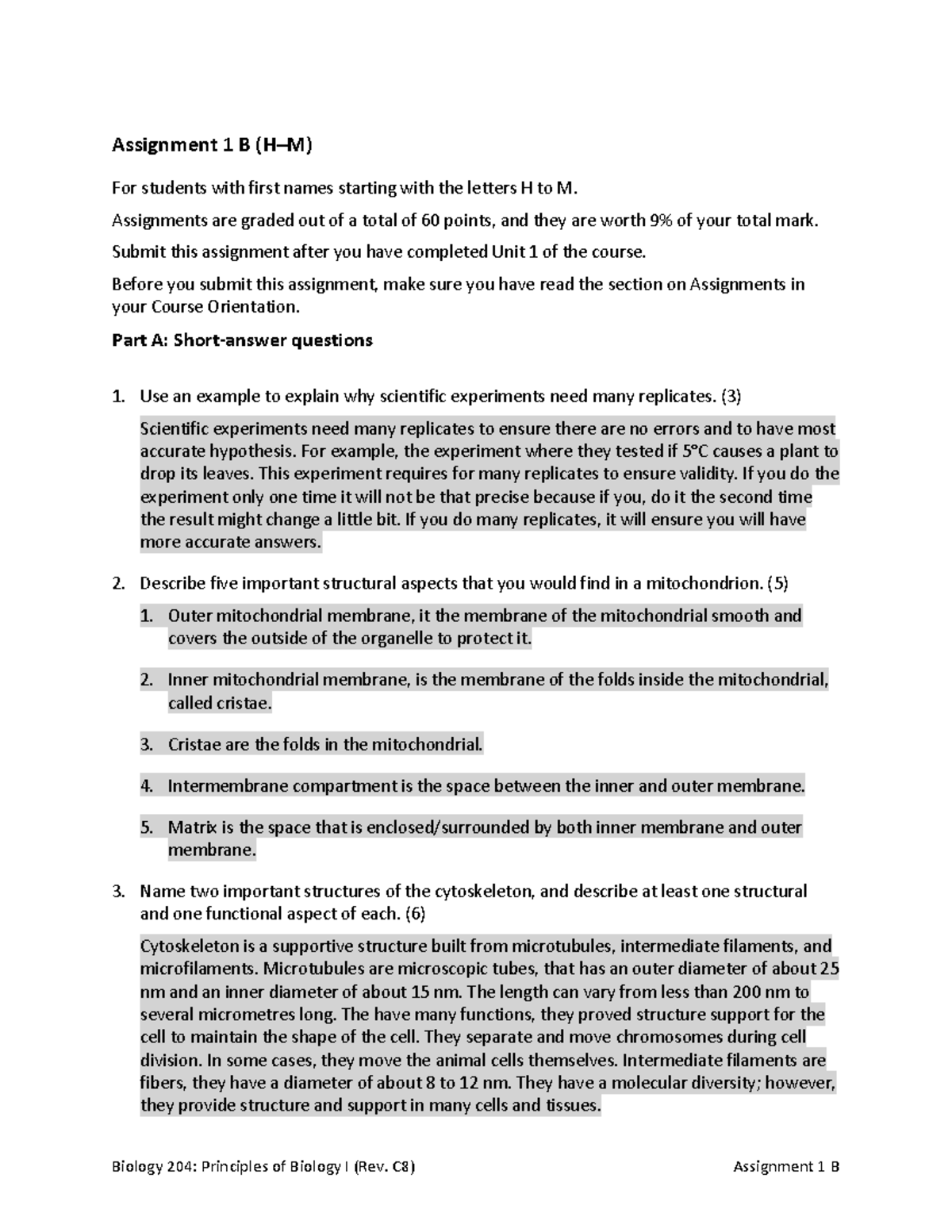 Assignment-1B - (H-M) BIOL 204, Principles of Biology I - Assignment 1 ...