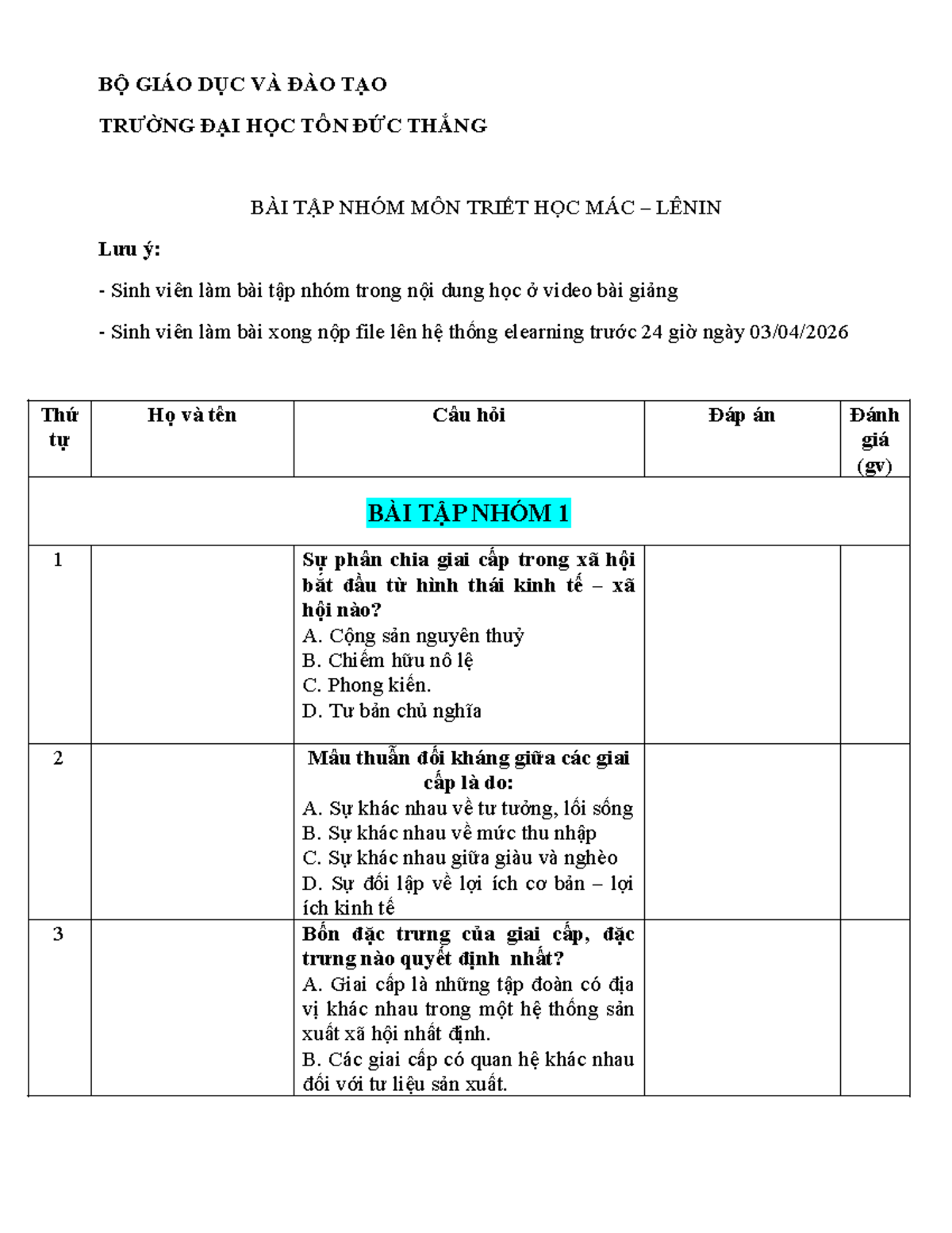 BÀI TẬP NHÓM MÔN TRIẾT HỌC MÁC LÊNIN - N27 - Studocu