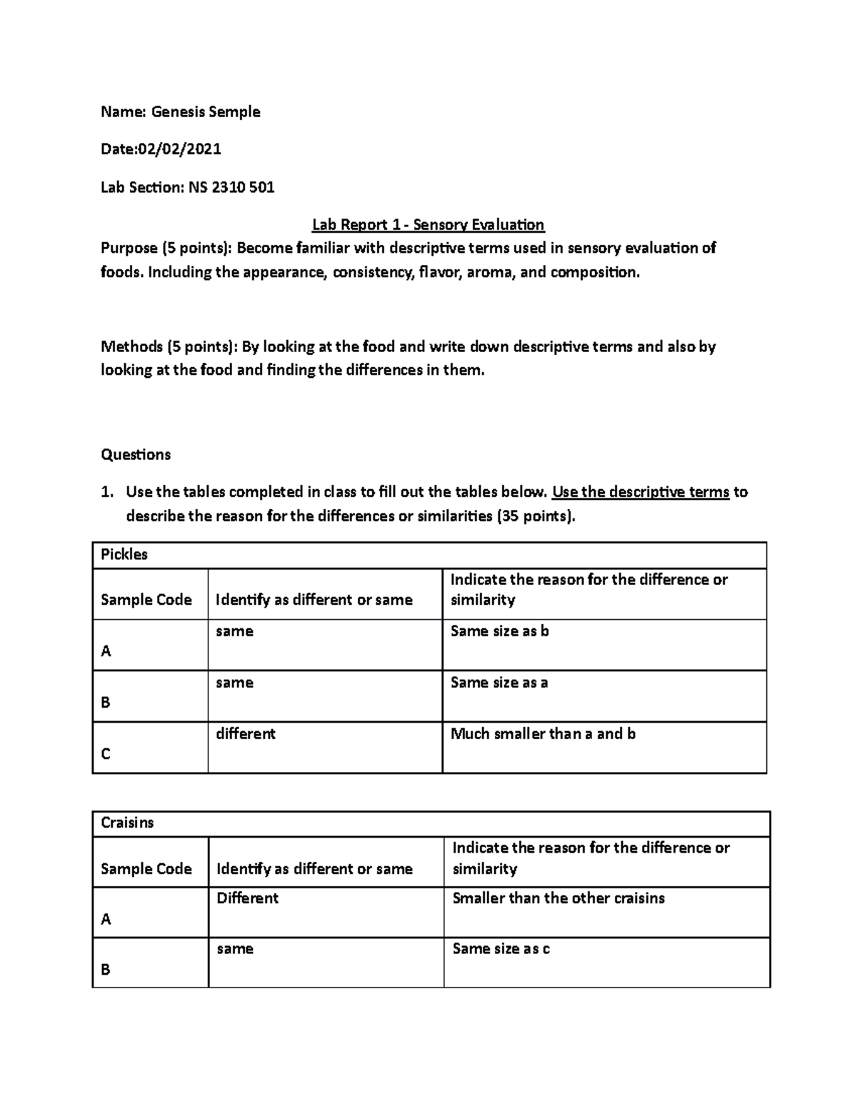 NS 2310 501 Post Lab Report 1: Sensory Evaluation of Foods - Studocu