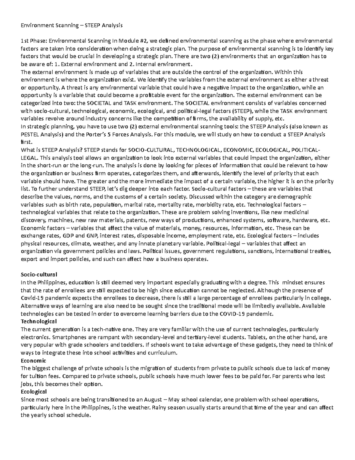 STEEP Analysis for Environmental Scanning in Strategic Planning - Studocu