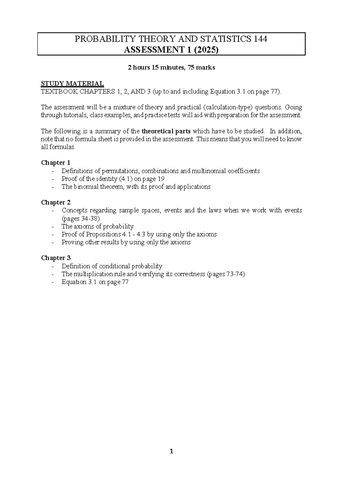 Probability Theory and Statistics 144 Assessment 1 Study Material (2025 ...
