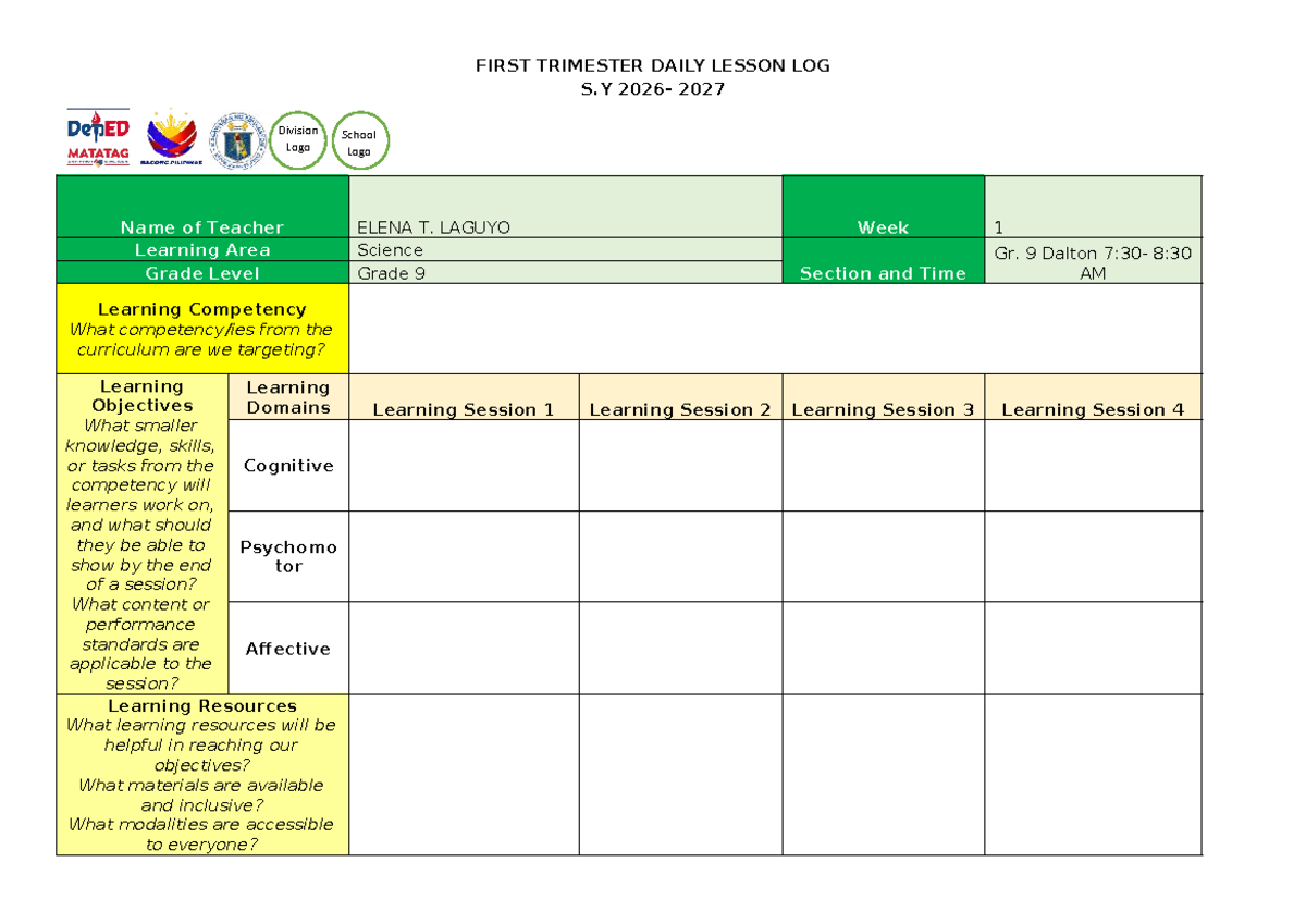 Grade 9 Science Daily Lesson Log - First Trimester S.Y. 2027 - Studocu