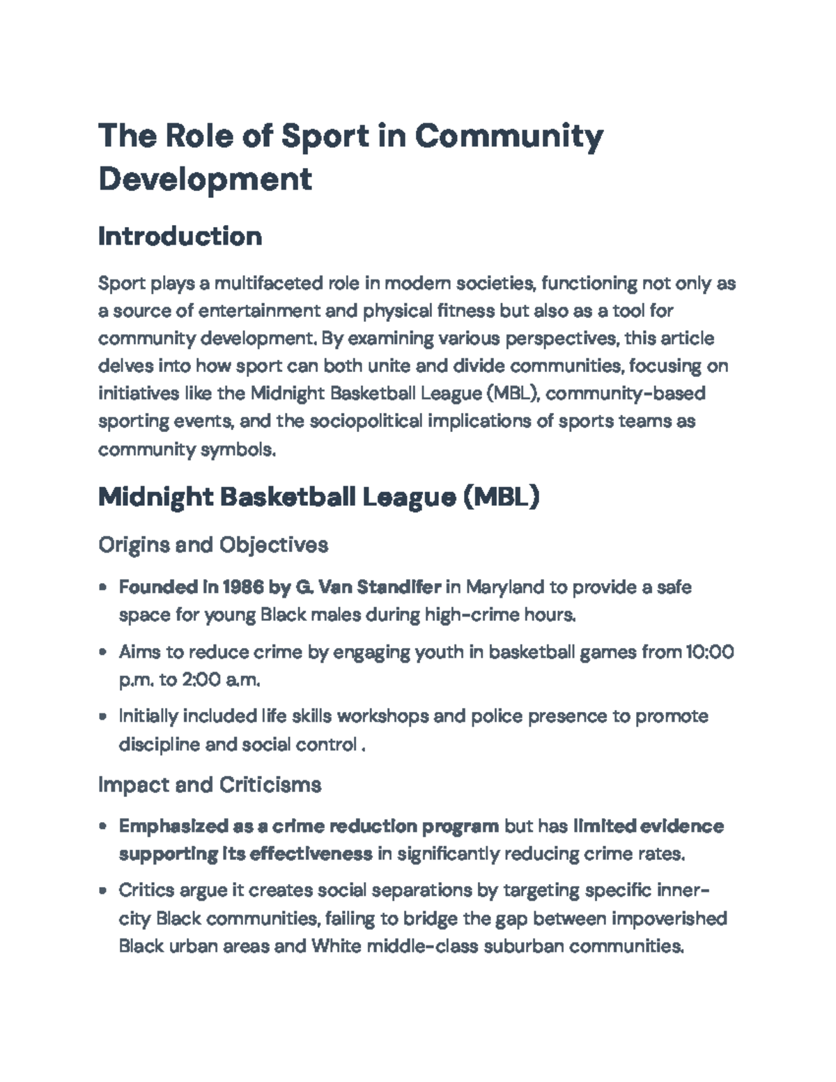 The Role of Sport in Community Development: Opportunities and ...