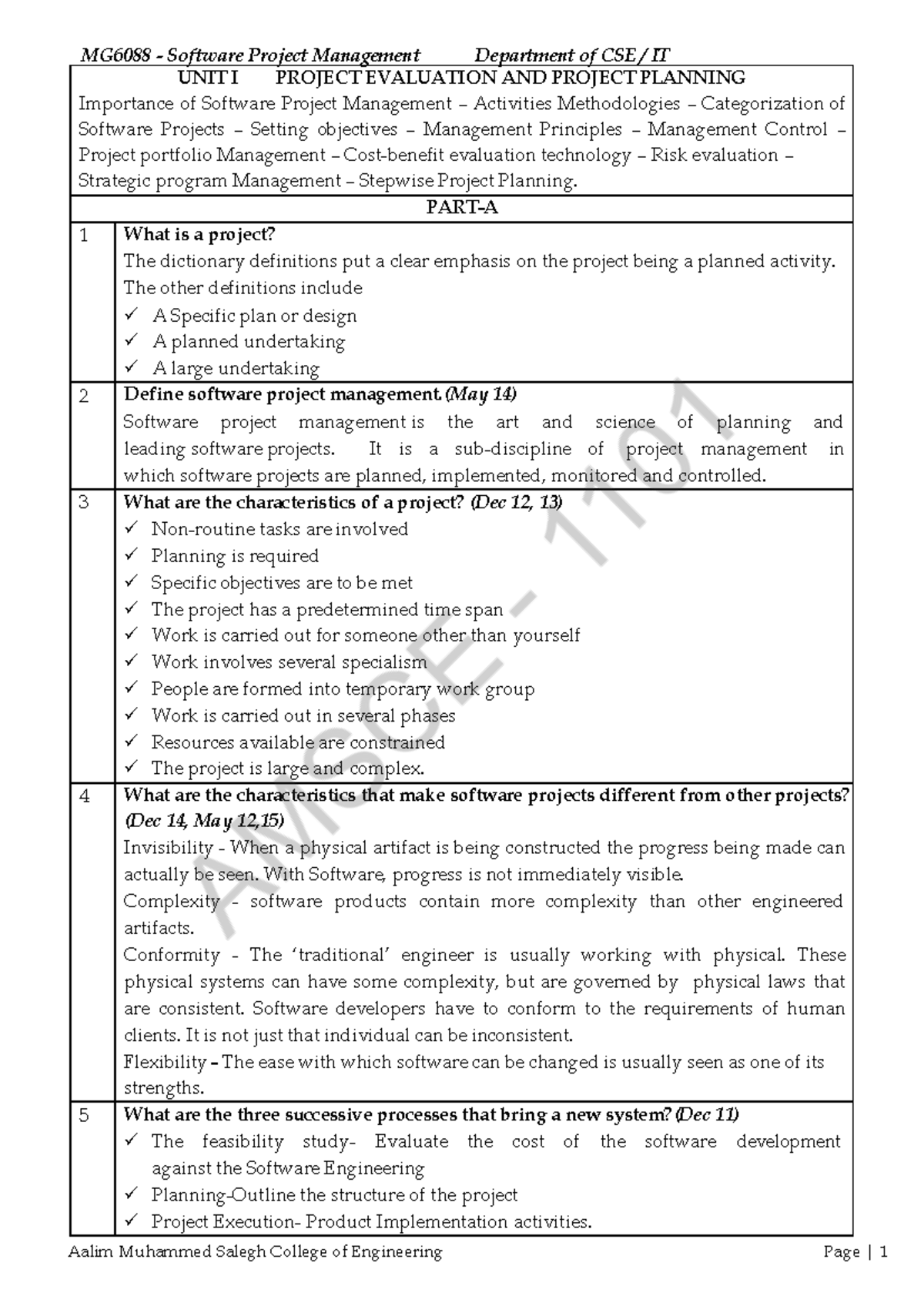 MG6088 Software Project Management: Unit I Project Evaluation ...