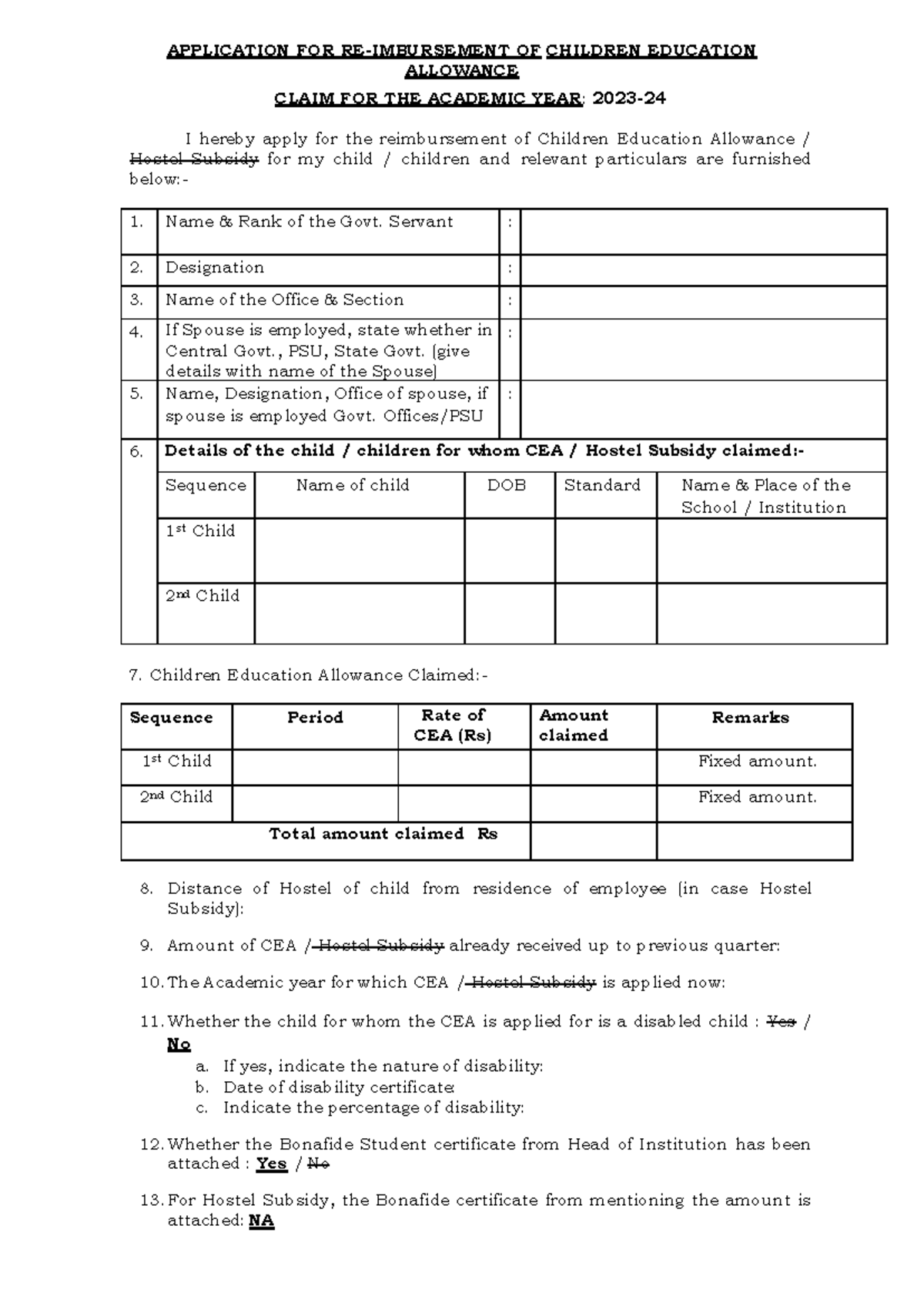 CEA Application for Children Education Allowance - DSA - Studocu