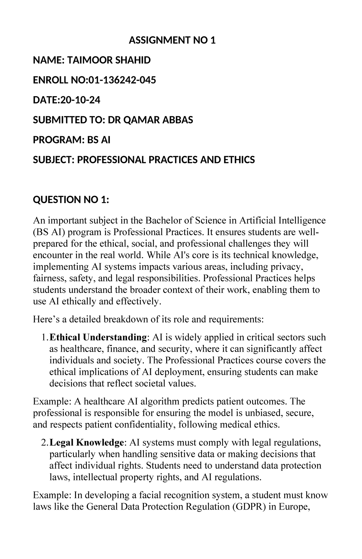 Professional Practices & Ethics Assignment No 1 - BS AI - Studocu