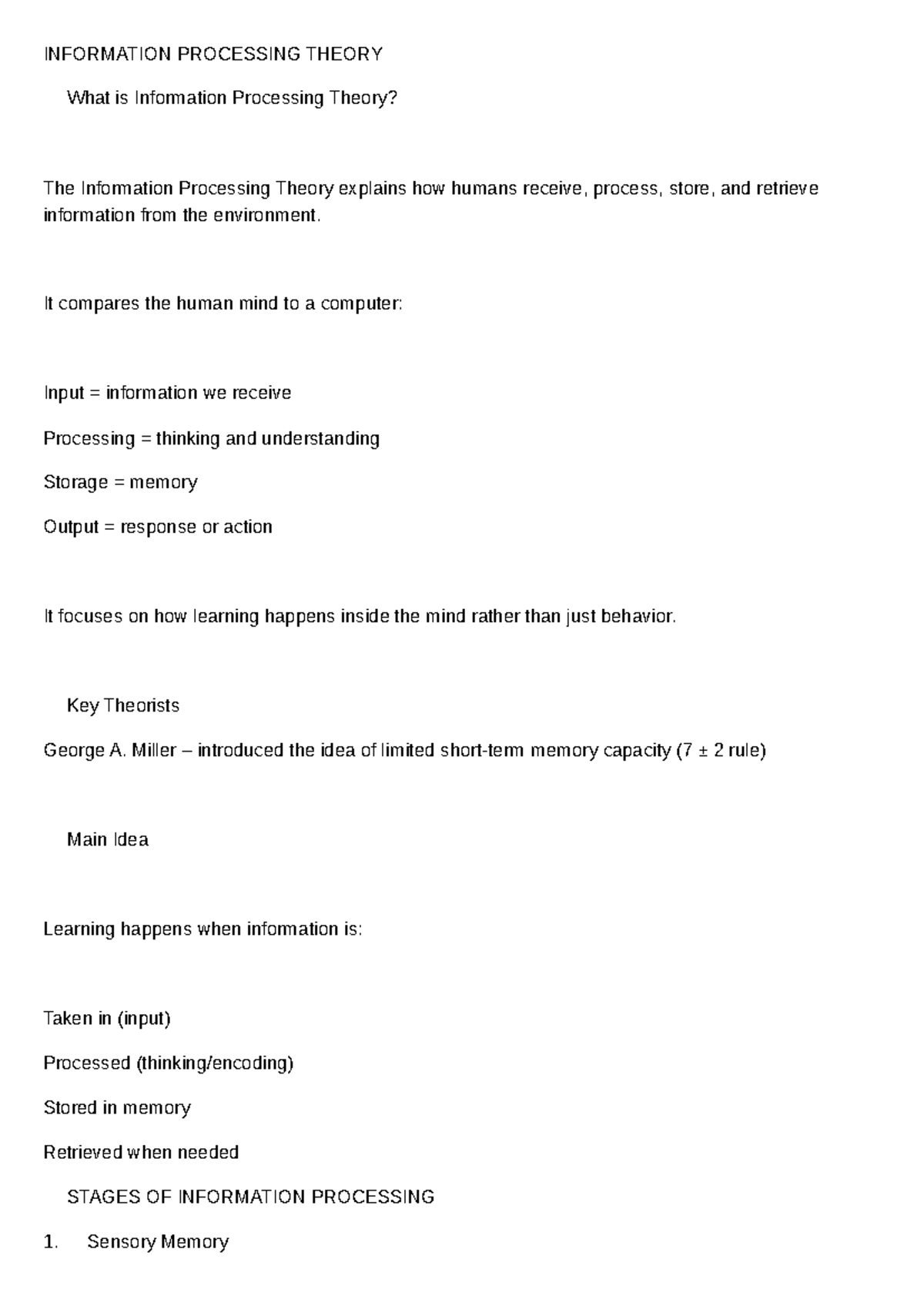 INFORMATION PROCESSING THEORY: Key Concepts & Stages Explained - Studocu