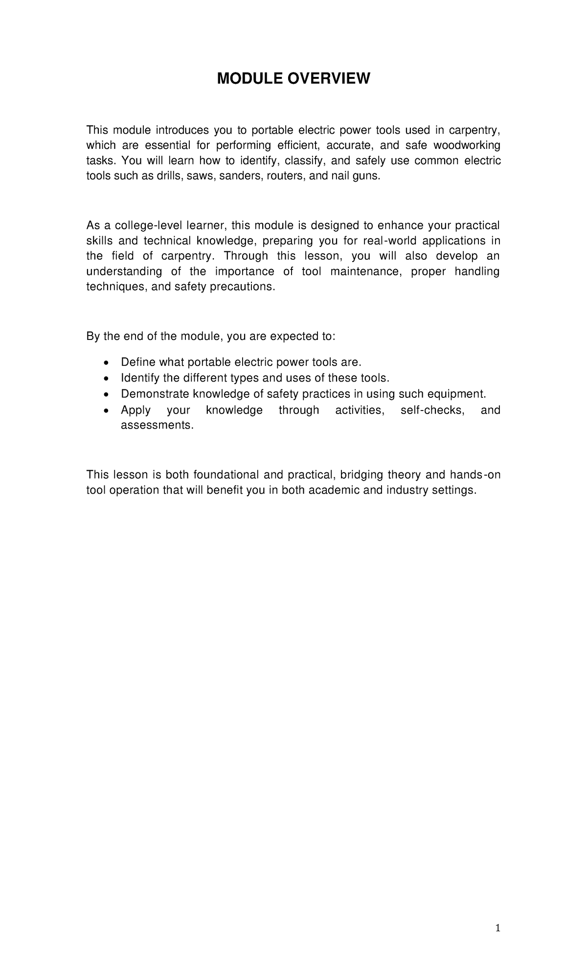 TLE Carpentry Lesson 5: Overview of Portable Electric Power Tools - Studocu