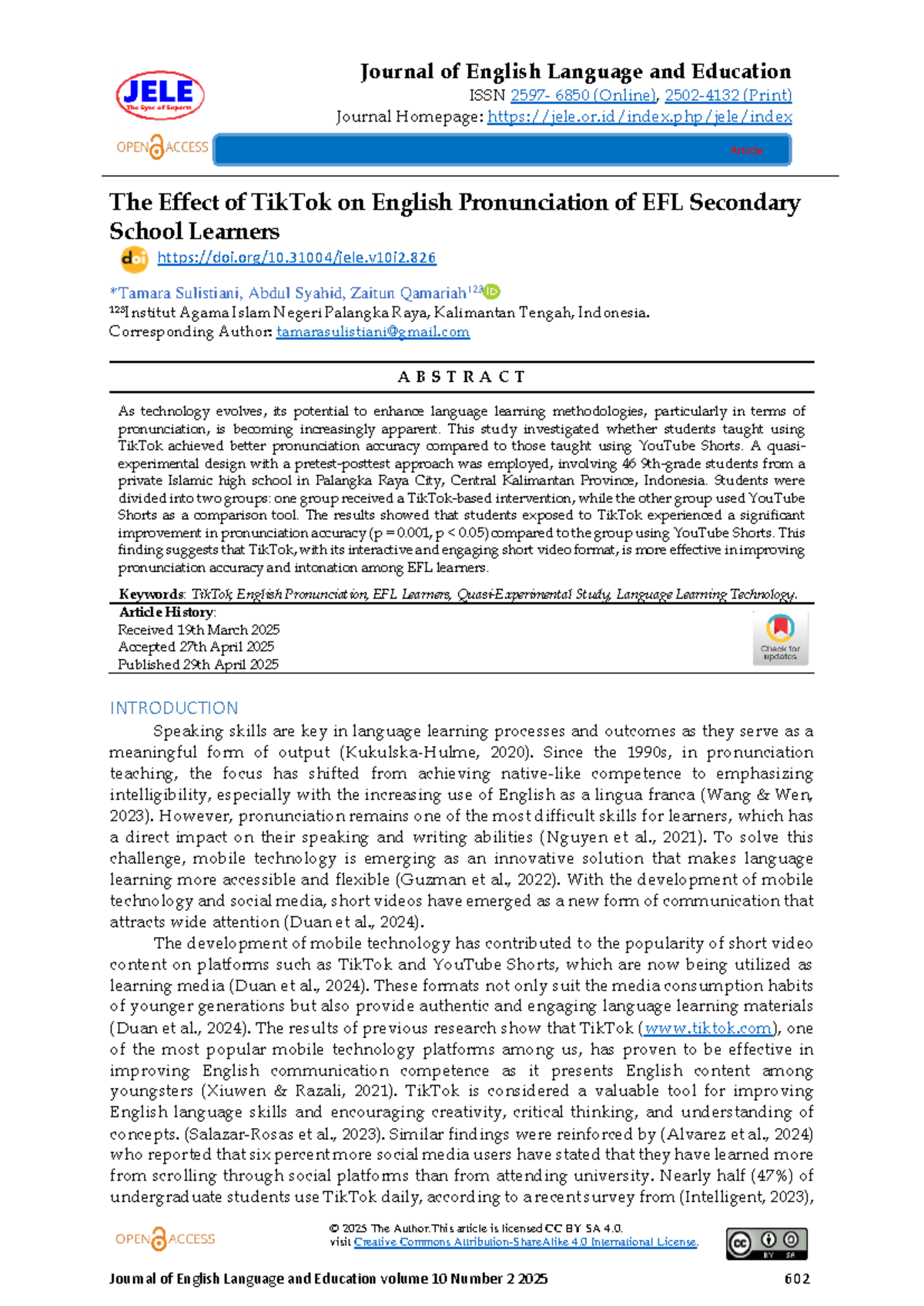 The Impact of TikTok on EFL Learners' English Pronunciation Accuracy ...