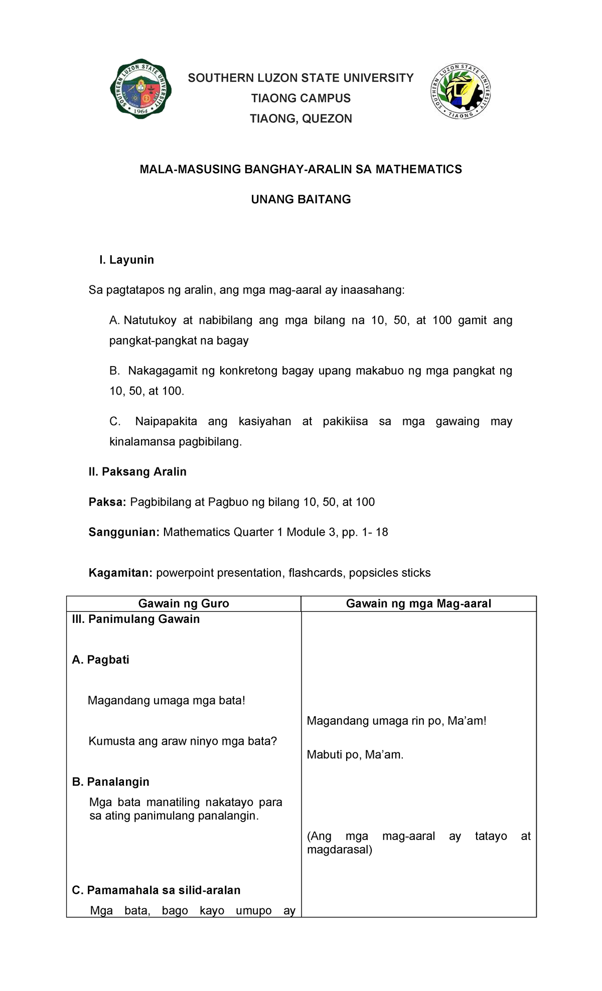 Mathematics Lesson Plan for Grade 1: Counting 10, 50, 100 - Studocu