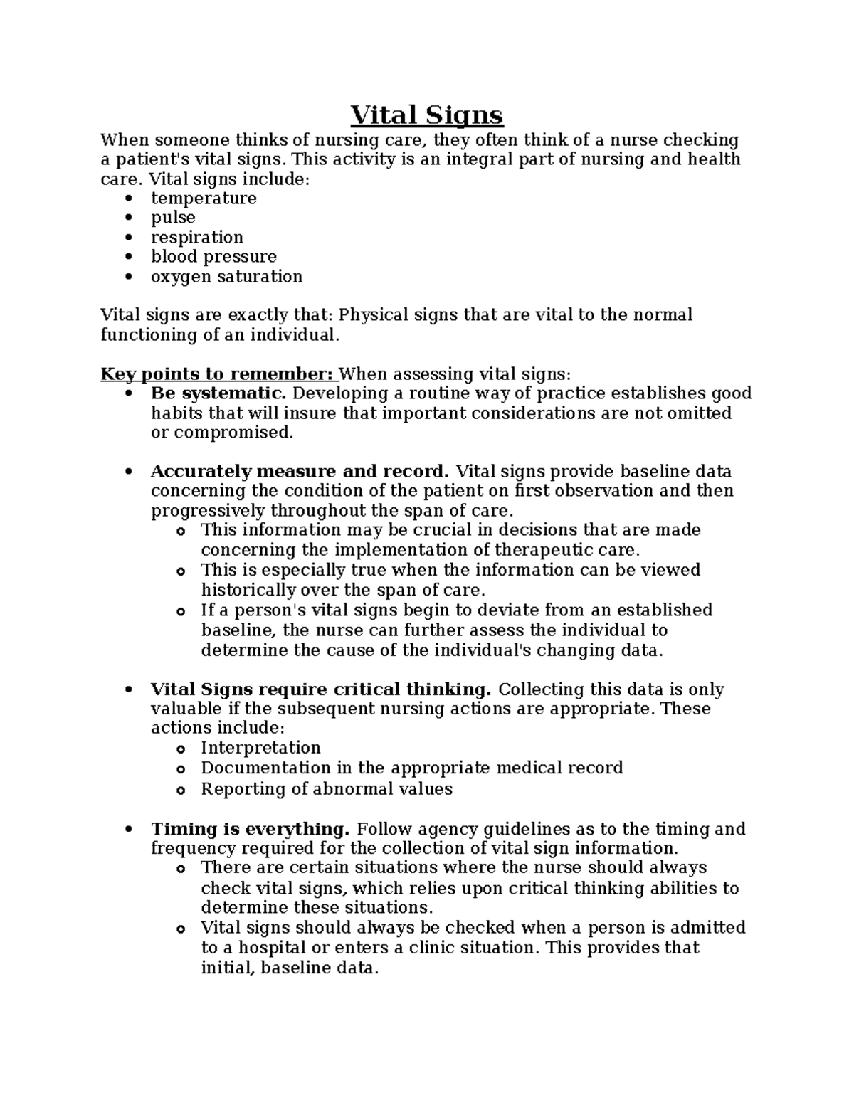 Vital Signs Assessment Notes for Nursing Care (NUR 101) - Studocu