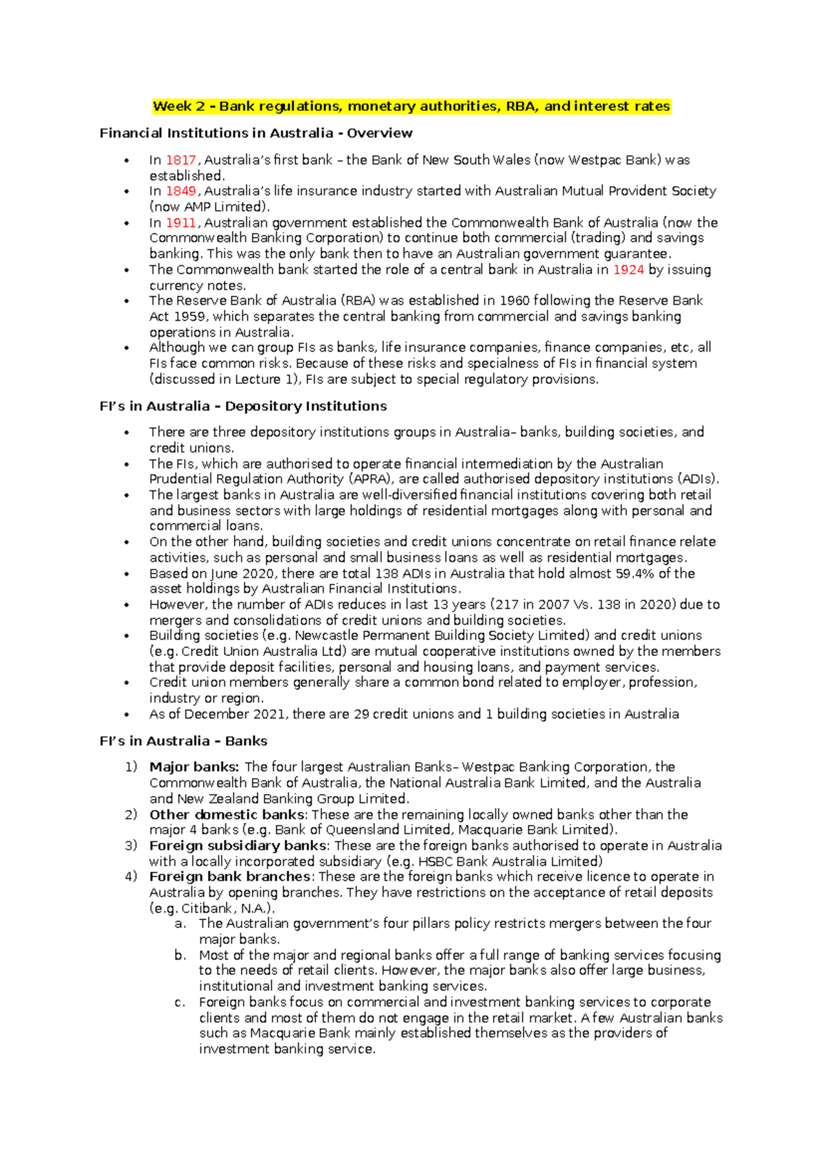 FINM3404 Week 2: Bank Regulations, RBA, and Interest Rates Overview ...