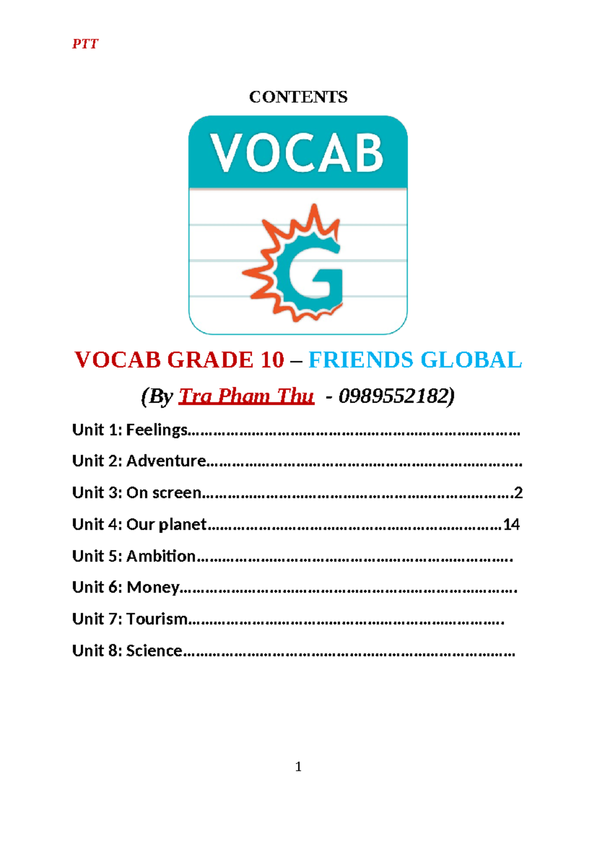 BÀI TẬP BỔ TRỢ ANH 10 Friends Global UNIT 3 + 4 - CONTENTS VOCAB GRADE ...