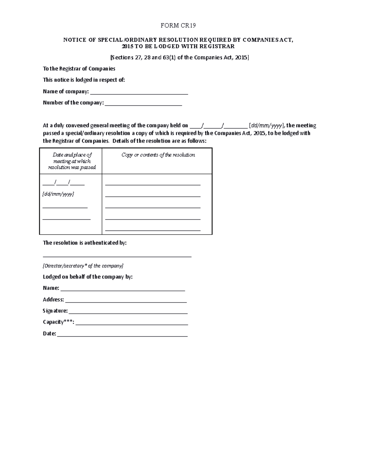 CR19 - Special Resolution Notice Template for CLS 235 - Studocu