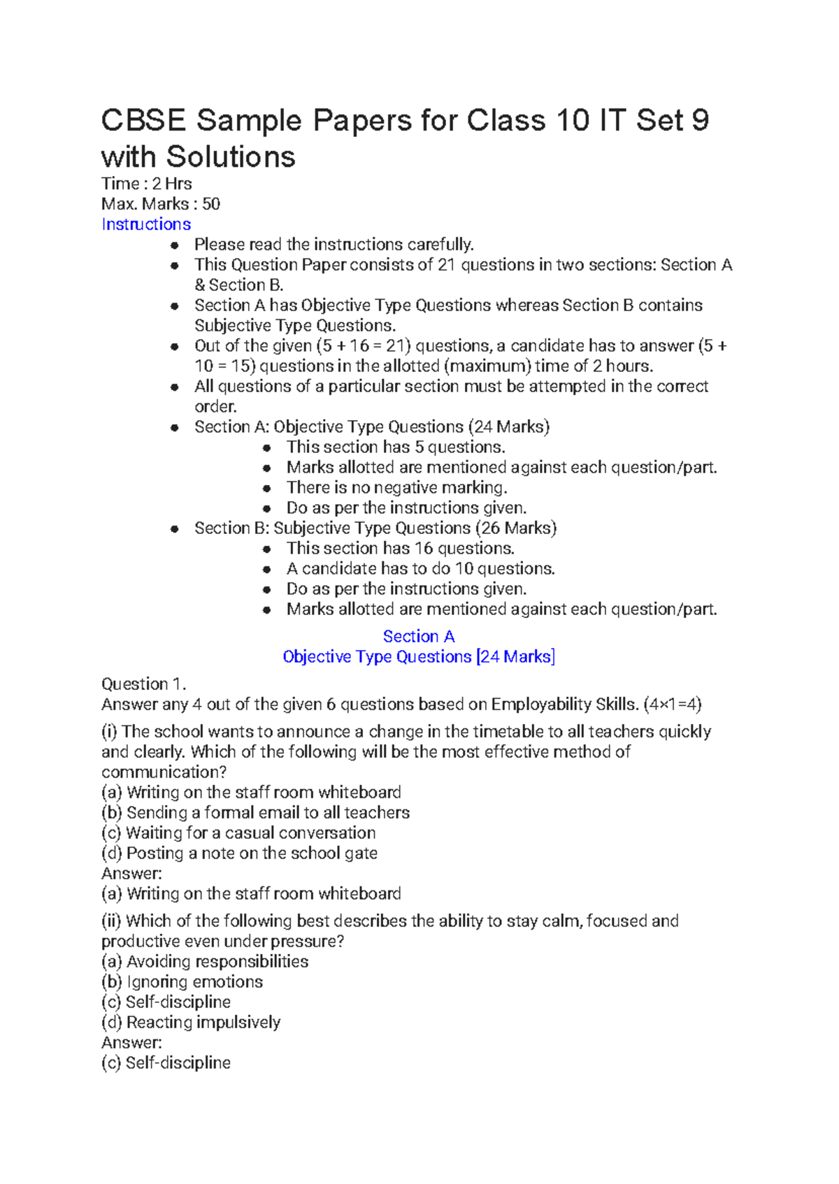 CBSE Class 10 IT Sample Paper Set 9 with Solutions and Instructions ...