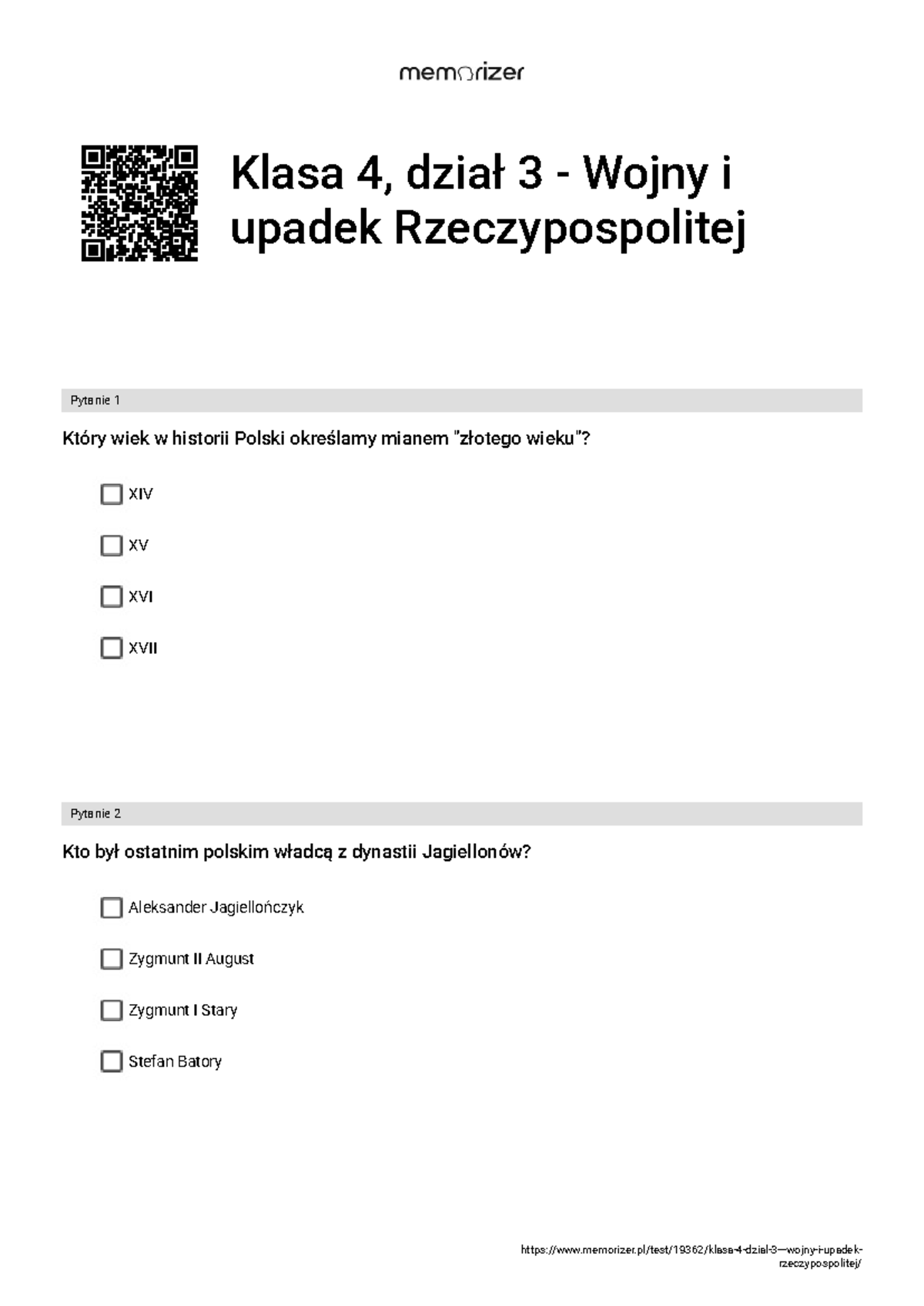 Test z działu 3: Wojny i Upadek Rzeczypospolitej - Klasa 4 - Studocu