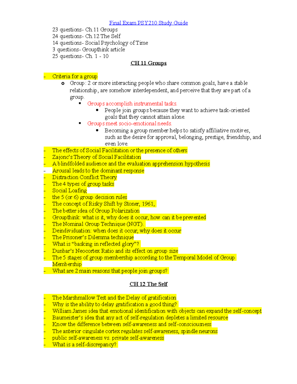 PSY210 Final Exam Comprehensive Study Guide Overview - Studocu
