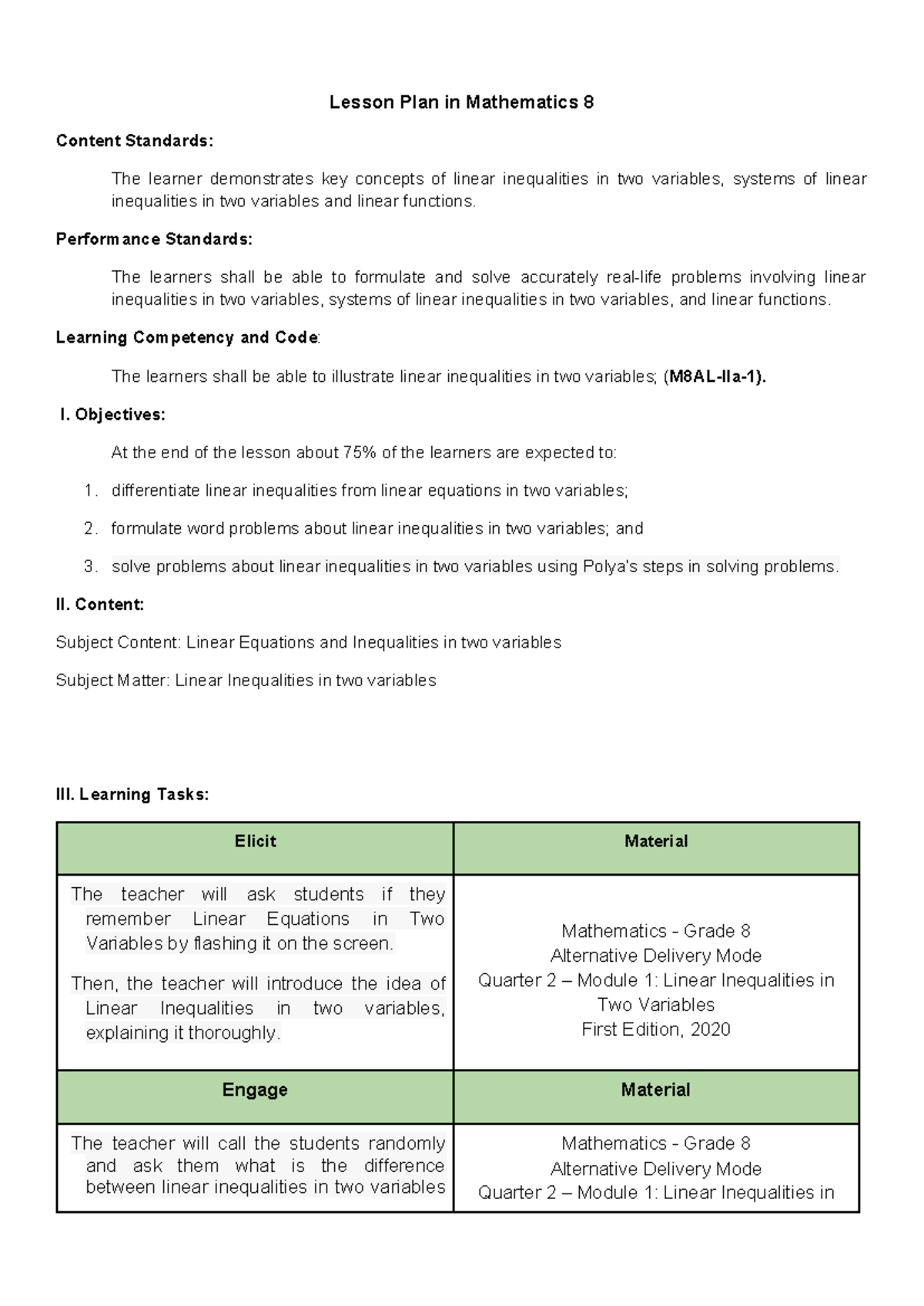 Lesson Plan in Mathematics 8 - Performance Standards: The learners ...