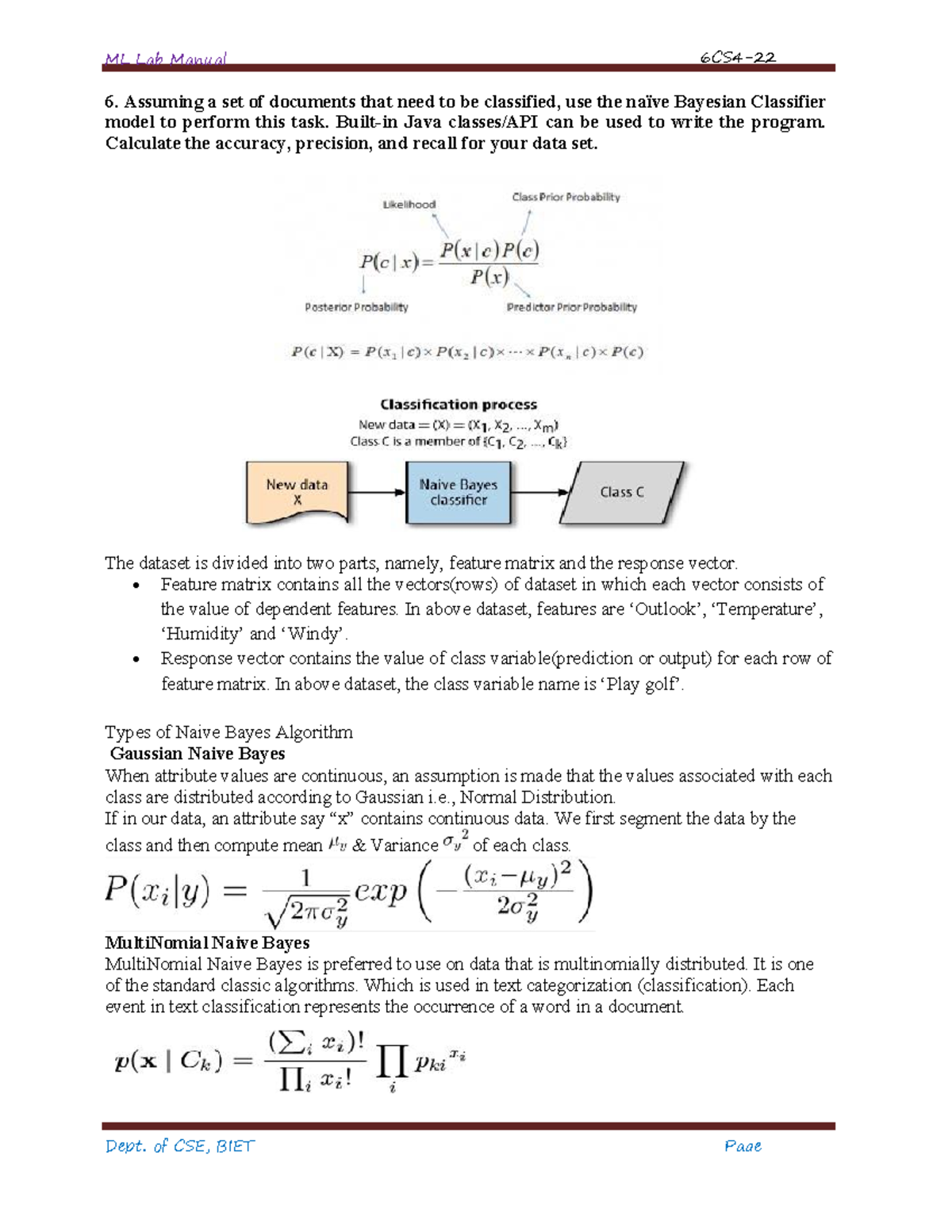 Machine Learning LAB-29 - ML Lab Manual 6CS4- Dept. of CSE, BIET Page ...
