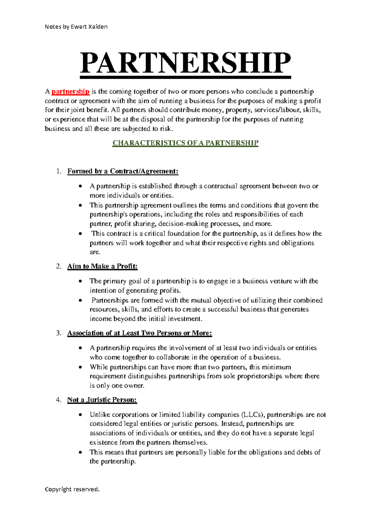 BER 220 Partnership Study Notes: Key Concepts and Legal Aspects - Studocu