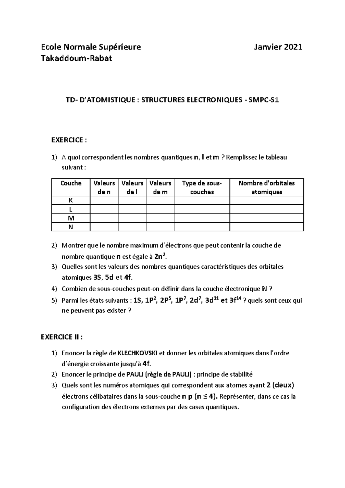 TD-3 - Structures Électroniques et Exercices d'Atomistique - SMPC-S ...