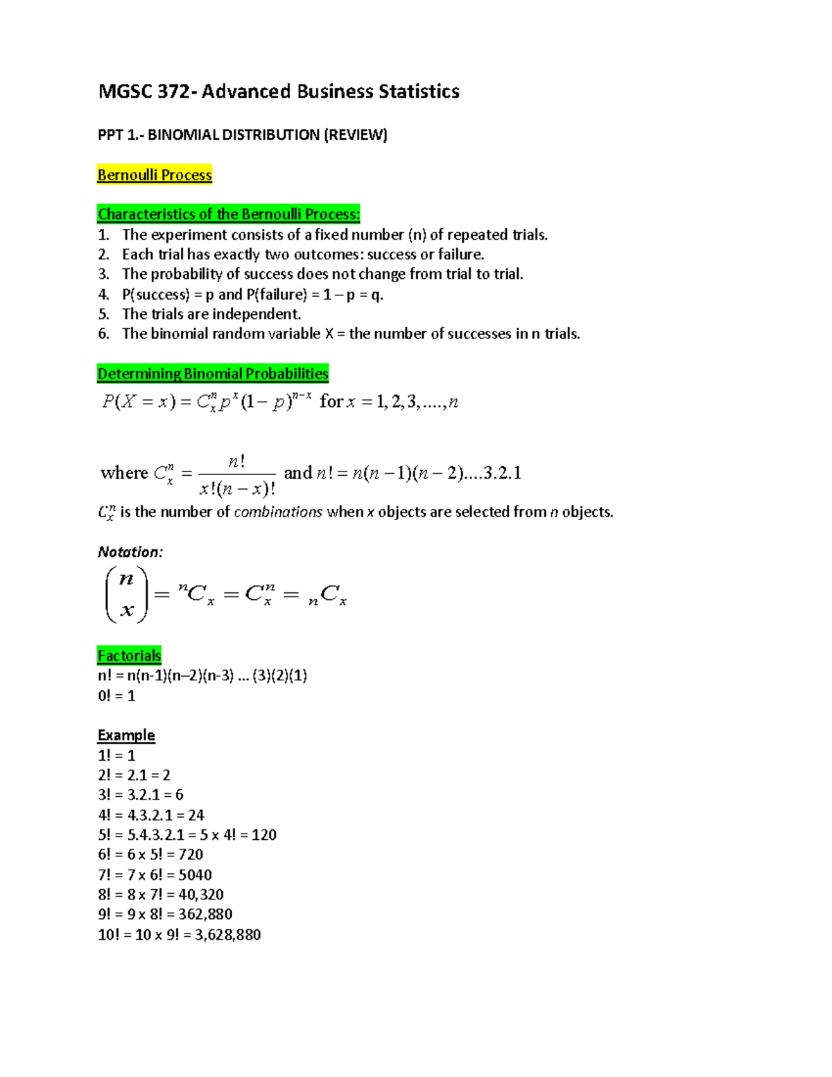 MGSC 372 - Lecture Summary: Binomial & Normal Distributions - Studocu