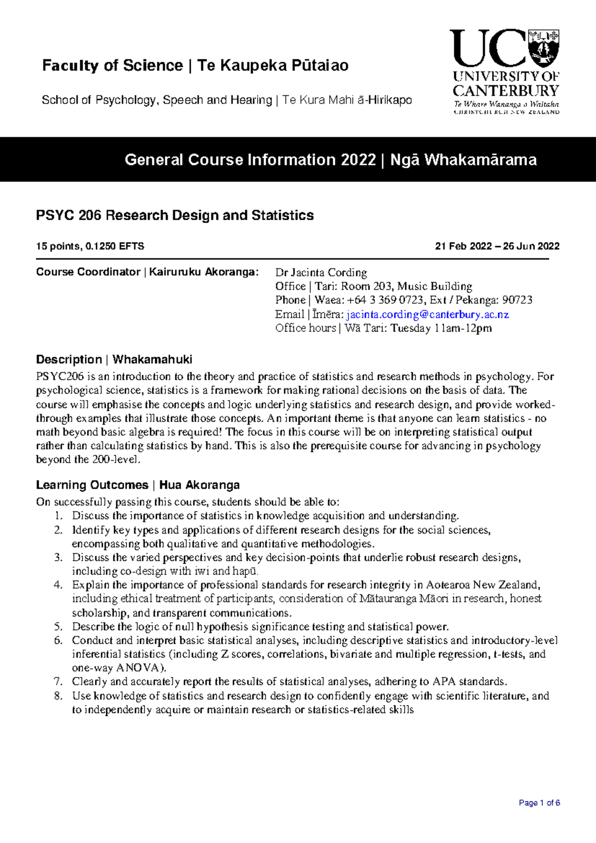 PSYC206 Course Outline 2022 (D) 11 - General Course Information 2022 ...