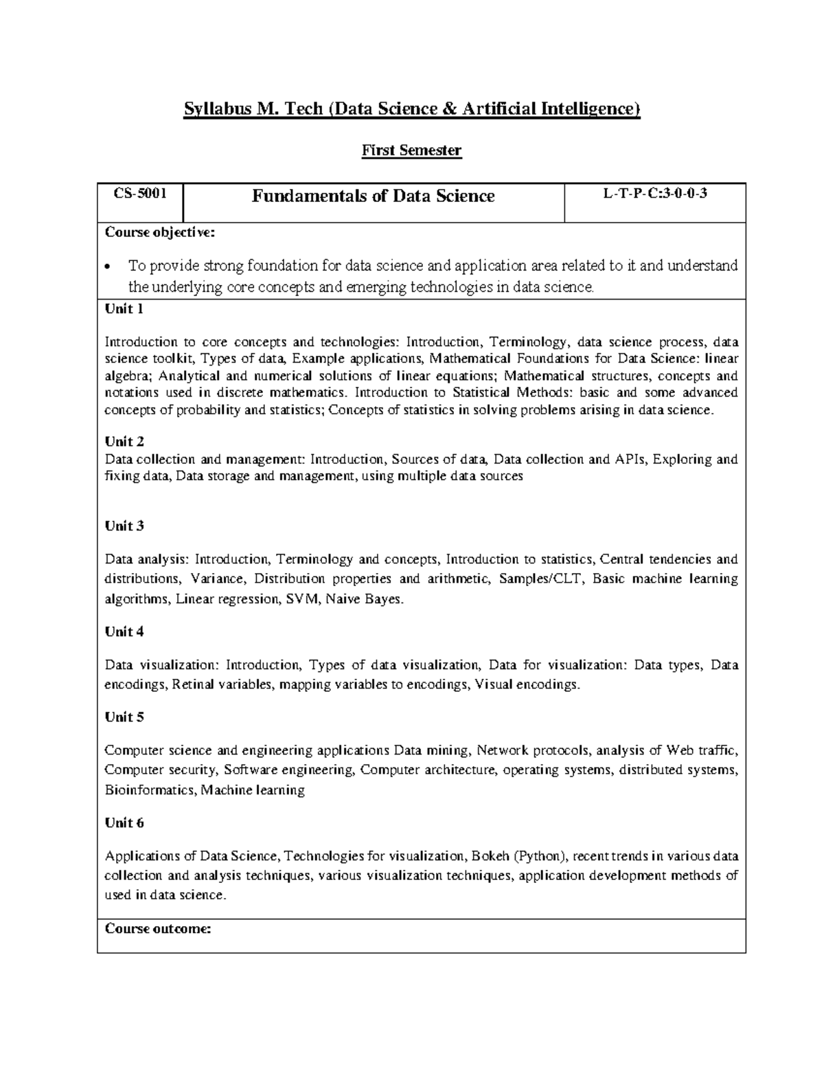 M.Tech CS Syllabus: Data Science & AI Foundations and Labs - Studocu