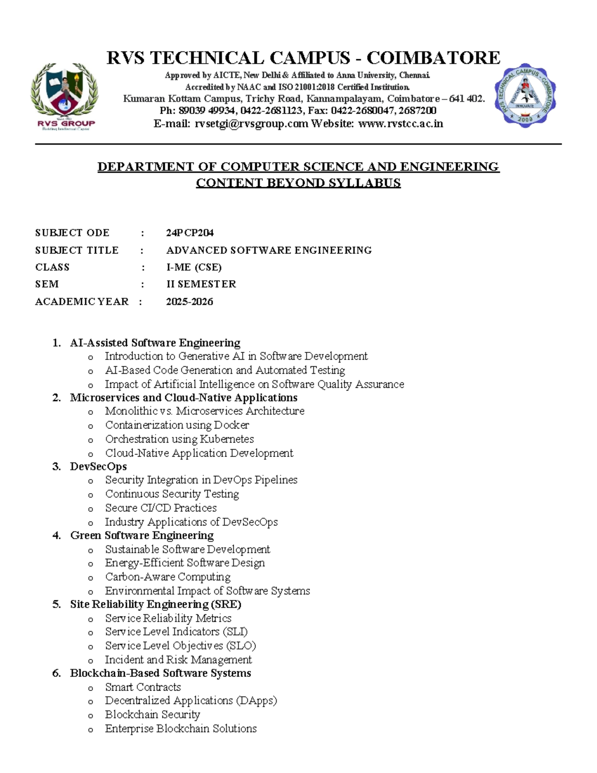 Content Beyond Syllabus: Advanced Software Engineering (CSE 24PCP204 ...